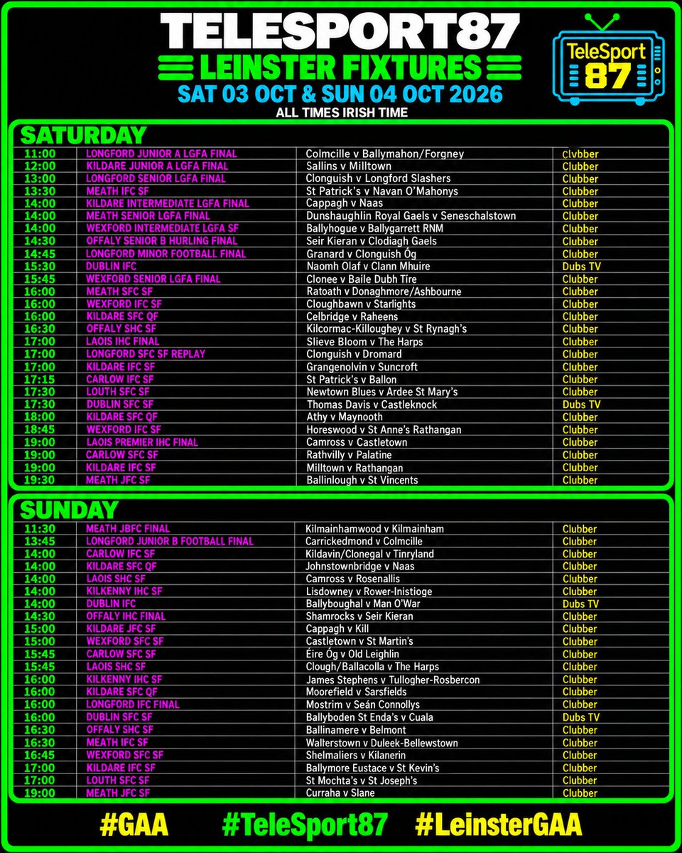 TSport87's tweet photo. ๐บ๐ GAA CLUB CHAMPIONSHIP WEEKEND
From Ulster to Connacht, Munster to Leinster โ the club championship is in full swing this weekend. ๐ฅ
Find your club. Find where to watch. ๐๐บ
#GAA #ClubGAA #GAA2026 #UlsterGAA #ConnachtGAA #MunsterGAA #LeinsterGAA #Hurling #Camogie #LGFA https://t.co/igTN28hfTG