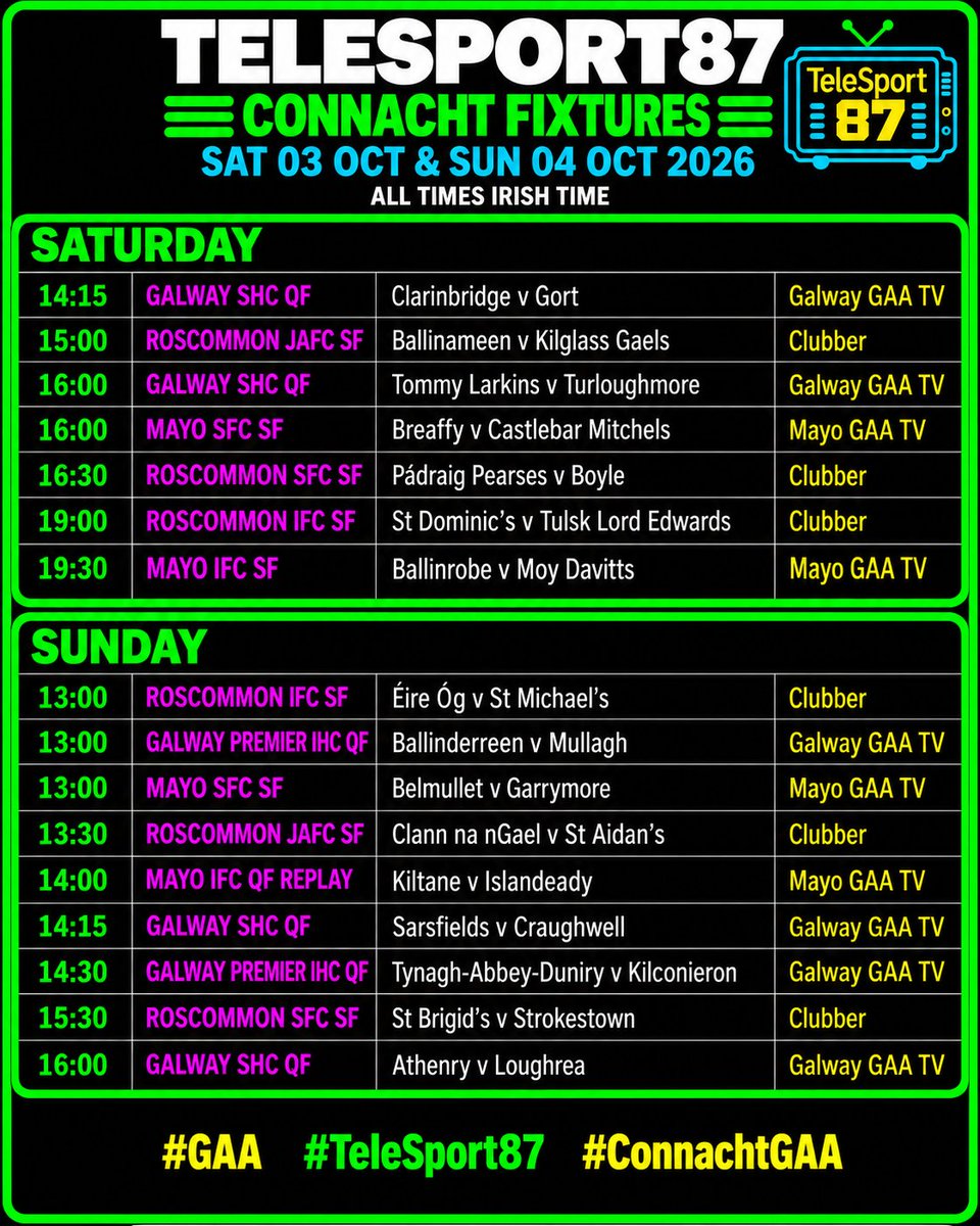 TSport87's tweet photo. ๐บ๐ GAA CLUB CHAMPIONSHIP WEEKEND
From Ulster to Connacht, Munster to Leinster โ the club championship is in full swing this weekend. ๐ฅ
Find your club. Find where to watch. ๐๐บ
#GAA #ClubGAA #GAA2026 #UlsterGAA #ConnachtGAA #MunsterGAA #LeinsterGAA #Hurling #Camogie #LGFA https://t.co/igTN28hfTG