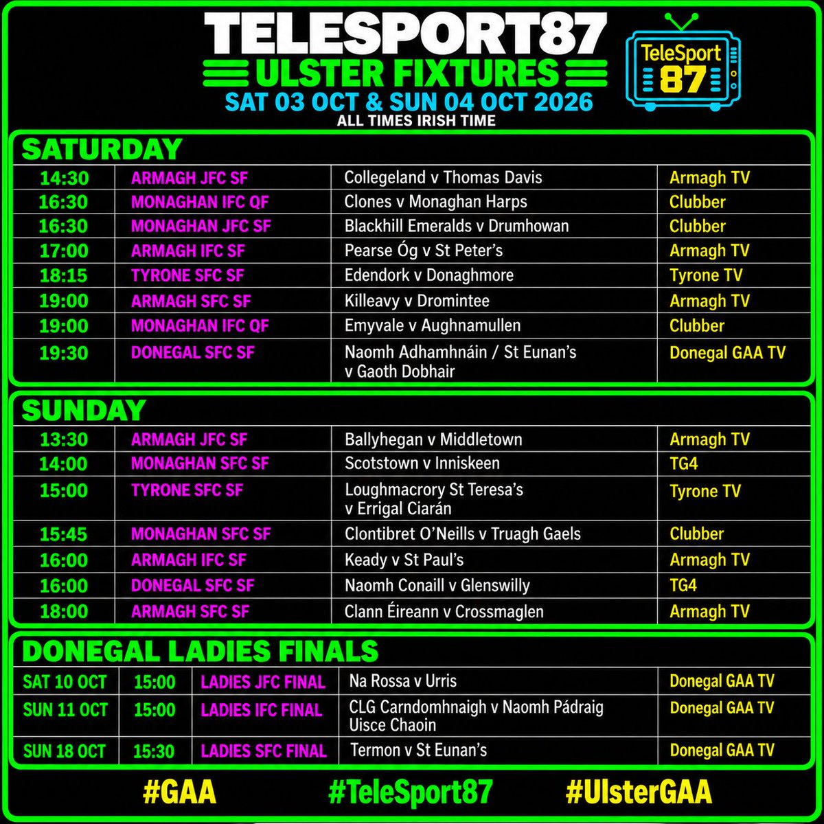 TSport87's tweet photo. ๐บ๐ GAA CLUB CHAMPIONSHIP WEEKEND
From Ulster to Connacht, Munster to Leinster โ the club championship is in full swing this weekend. ๐ฅ
Find your club. Find where to watch. ๐๐บ
#GAA #ClubGAA #GAA2026 #UlsterGAA #ConnachtGAA #MunsterGAA #LeinsterGAA #Hurling #Camogie #LGFA https://t.co/igTN28hfTG