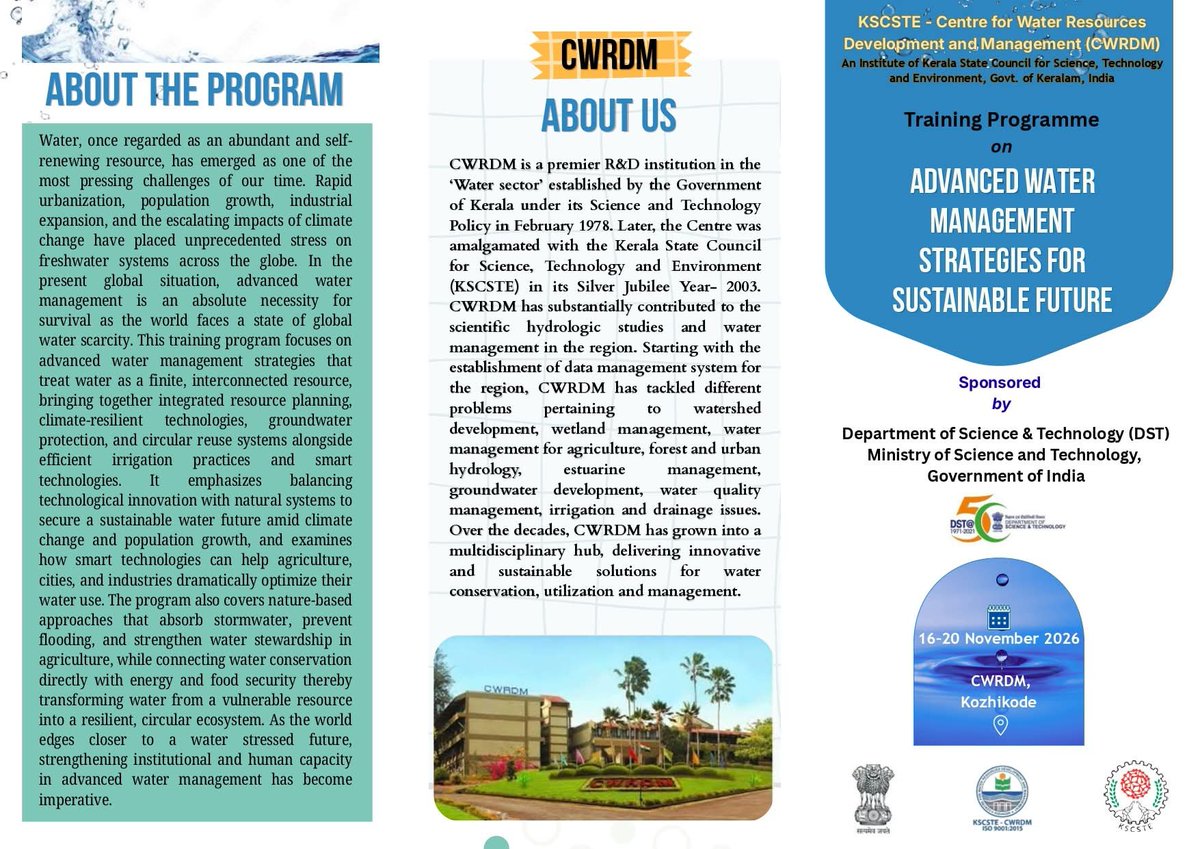 CWRDM1's tweet photo. Nominations are invited for the DST sponsored training programme on Advanced Water Management strategies for sustainable future.

📅  16-20 November, 2026

For more information, visit https://t.co/jRaQZd6oGl

#WaterManagement #SustainableFuture  #DST #trainingprogramme  #CWRDM https://t.co/JHLFAaUm0k
