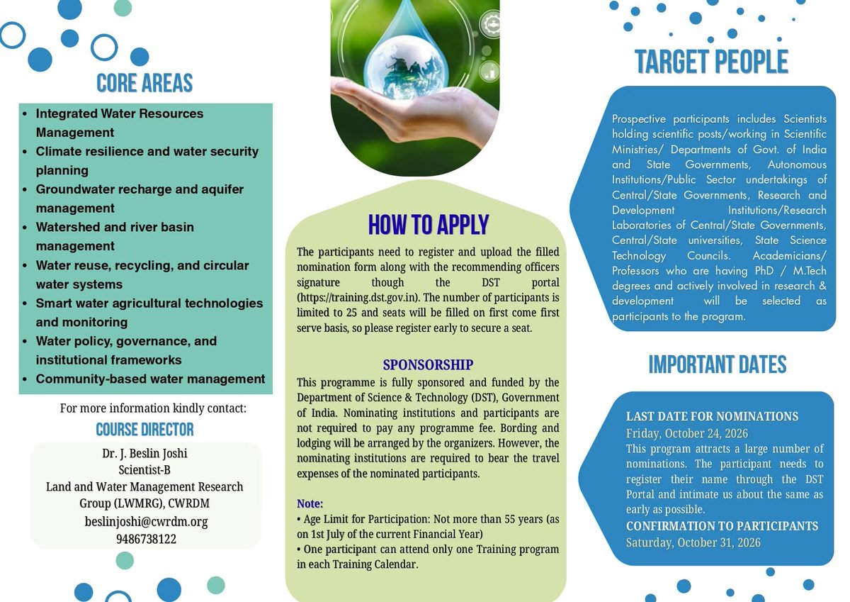 CWRDM1's tweet photo. Nominations are invited for the DST sponsored training programme on Advanced Water Management strategies for sustainable future.

📅  16-20 November, 2026

For more information, visit https://t.co/jRaQZd6oGl

#WaterManagement #SustainableFuture  #DST #trainingprogramme  #CWRDM https://t.co/JHLFAaUm0k