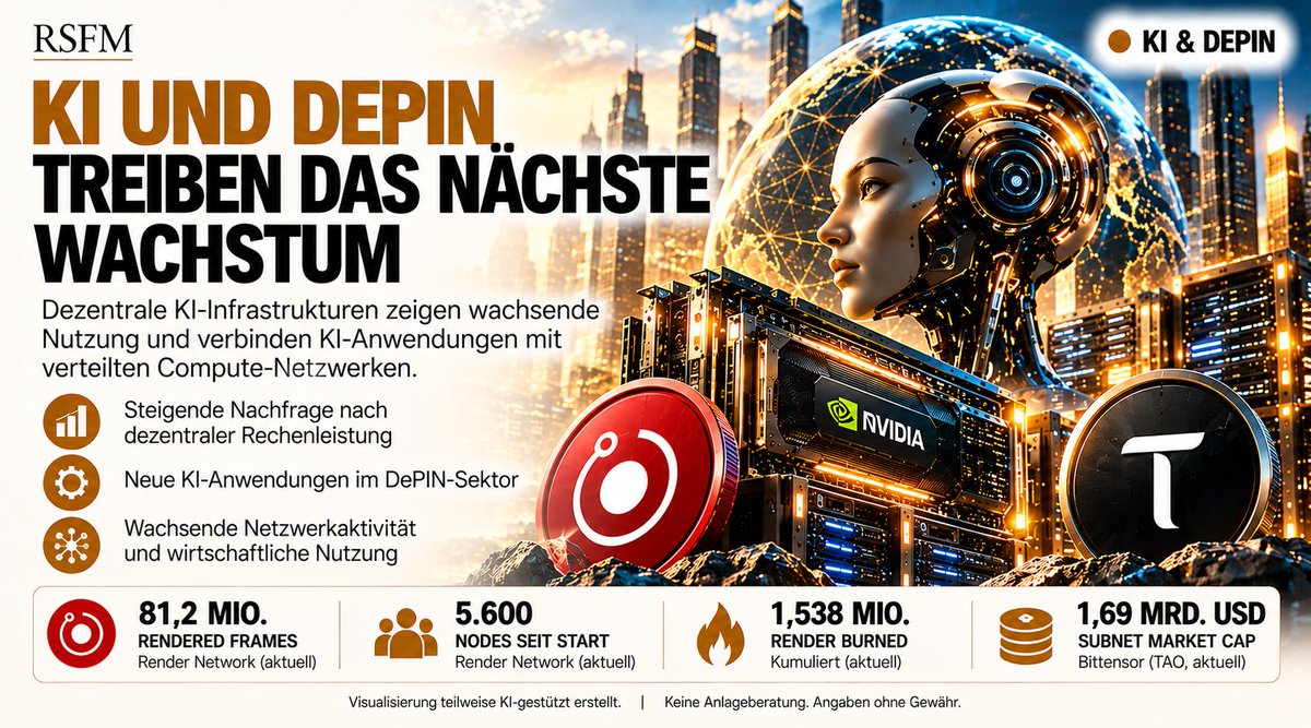 RSFM_Official's tweet photo. ◉ KI & DEPIN: DEZENTRALE RECHENLEISTUNG WIRD ZUM EIGENEN KRYPTO-SEKTOR

Der globale KI-Boom benötigt vor allem eines: immer mehr Rechenleistung.

Genau hier entsteht parallel zu den großen Cloud- und Rechenzentrumskonzernen ein neuer Markt – dezentrale Compute-Netzwerke.

Zwei der interessantesten Beispiele sind Render Network und Bittensor.

Die aktuellen Netzwerkdaten zeigen, dass hinter dem Narrativ bereits reale Aktivität steht:

→ 81,2 Mio. Frames über Render Network gerendert
→ 5.600 Nodes seit Start des Render Network
→ rund 1,538 Mio. RENDER kumuliert verbrannt
→ rund 1,69 Mrd. USD Bittensor Subnet Market Cap

Das Spannende daran:

Render schafft einen dezentralen Marktplatz für GPU-Rechenleistung und verbindet verfügbare Hardware mit realer Nachfrage nach Rendering und zunehmend auch KI-Workloads.

Bittensor verfolgt einen anderen Ansatz und baut einen dezentralen Markt für KI-Modelle, Daten, Compute und weitere spezialisierte Dienste über seine Subnets auf.

Damit entsteht innerhalb des Kryptomarktes eine Infrastruktur, die nicht ausschließlich von Spekulation lebt, sondern versucht, reale technologische Ressourcen und Leistungen On-Chain zu koordinieren.

Für uns gehört KI × DePIN deshalb zu den spannendsten Bereichen des nächsten Krypto-Zyklus.

Entscheidend wird sein, ob Nutzung, Nachfrage und wirtschaftlicher Wert der Netzwerke mit dem Narrativ weiter mitwachsen.

#DePIN #AI #Crypto