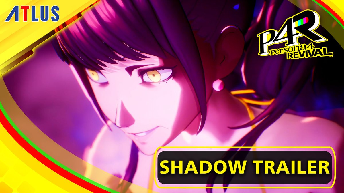 A close-up of a shadowy figure with glowing yellow eyes and a sinister smirk, set against a vibrant purple and pink background, with the "ATLUS" and "Persona 4 Revival" logos displayed. A bold "SHADOW TRAILER" banner appears at the bottom, tying into the post's teaser about lurking mysteries in the Midnight Channel.