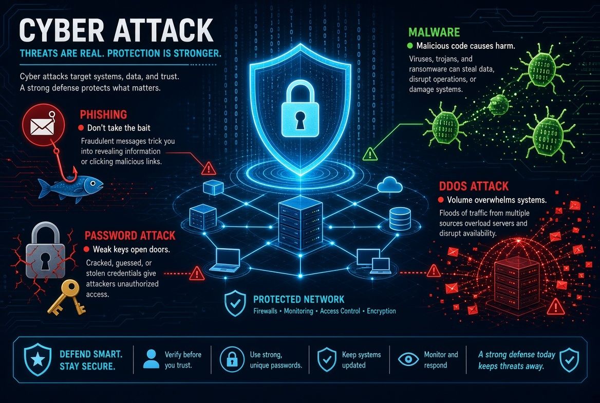 AvuvacarICT's tweet photo. A cyber attack is an attempt to gain unauthorized access to systems or data.

Common examples:
🎣 Phishing
🦠 Malware
🔑 Password attacks
🌐 DDoS

Learning how attacks work is the first step toward defending against them.

#Cybersecurity https://t.co/4xj2YI6ox3