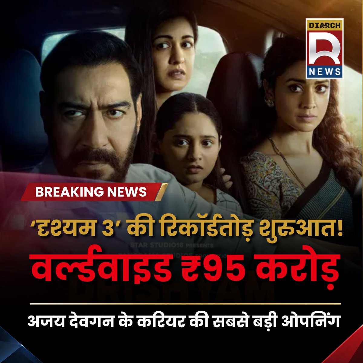 Diarchnews's tweet photo. 'दृश्यम 3' की रिकॉर्डतोड़ शुरुआत: वर्ल्डवाइड ₹95 करोड़ की बंपर कमाई, अजय देवगन के करियर की सबसे बड़ी ओपनिंग! 🎬🔥   

#Drishyam3 #DrishyamTheConclusion #AjayDevgn #VijaySalgaonkar #BoxOfficeRecord #BoxOfficeCollection #BollywoodNews #BreakingNews #DiarchNews https://t.co/4WlAaE38QD