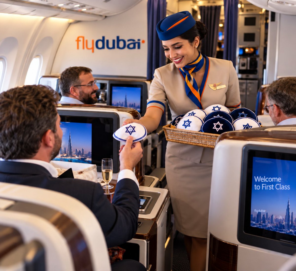 DavidMKeyes's tweet photo. Wowwww. flydubai is now handing out kippahs in first to deter would be hijackers https://t.co/f9FT3MfQea