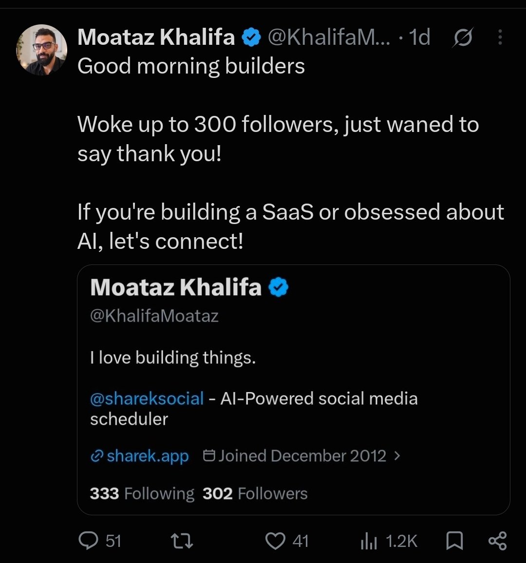 KhalifaMoataz's tweet photo. Good morning builders 

100+ new builders added to my network in 24h. Feeling grateful 🙏

If you're building a SaaS, or crazy about AI, let's connect! 🤝 https://t.co/nKQi18M2Hu
