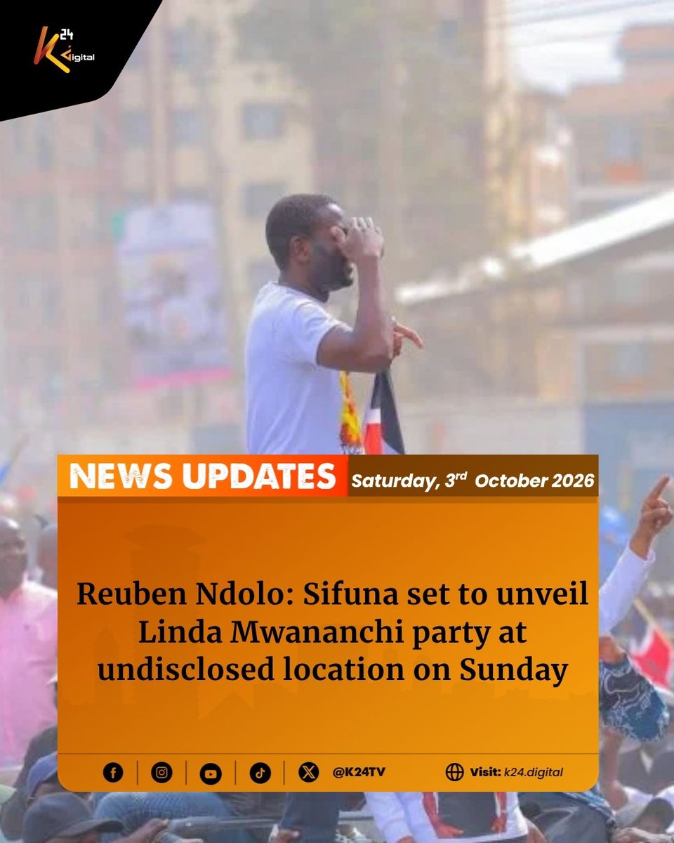 K24Tv's tweet photo. Former Makadara (Member of Parliament) Reuben Ndolo has announced that the Linda Mwananchi political party will be officially launched this Sunday, October 3, 2026, following the postponement of the initial launch plans.

Read the full story here: https://t.co/nmn8khjR0T https://t.co/vE8ReVR8vL