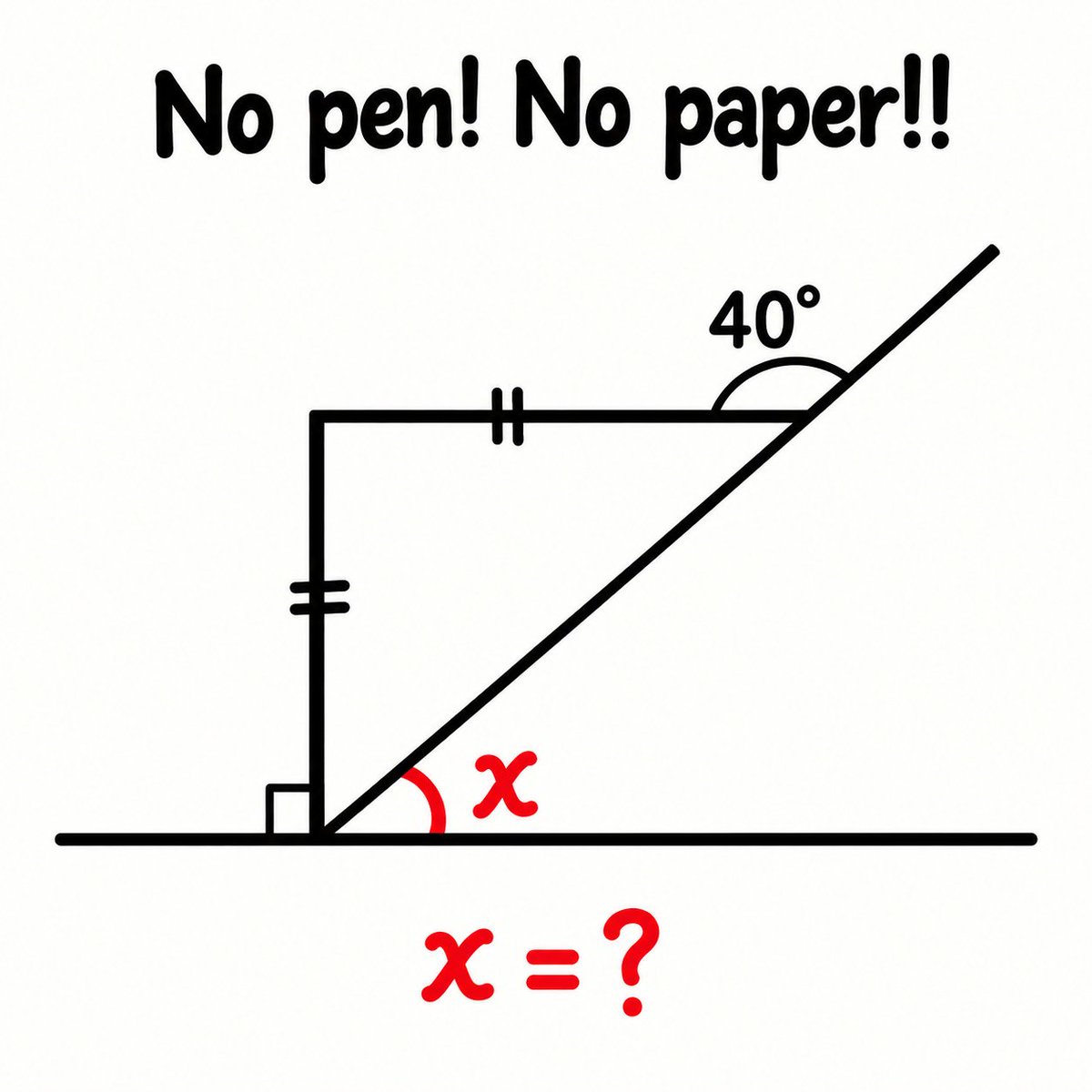 SIMRIZ1127's tweet photo. 🧠 No pen! No paper!! Just pure brain power!

Can you find x in this sneaky geometry puzzle? 👀📐 https://t.co/HIOtTXByKQ