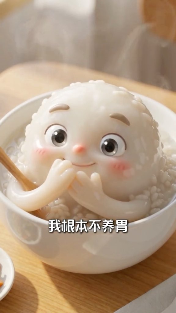 A close-up photo shows a cute white dumpling or rice ball character with a face sitting in a bowl, accompanied by the Chinese text '我根本不养胃'.