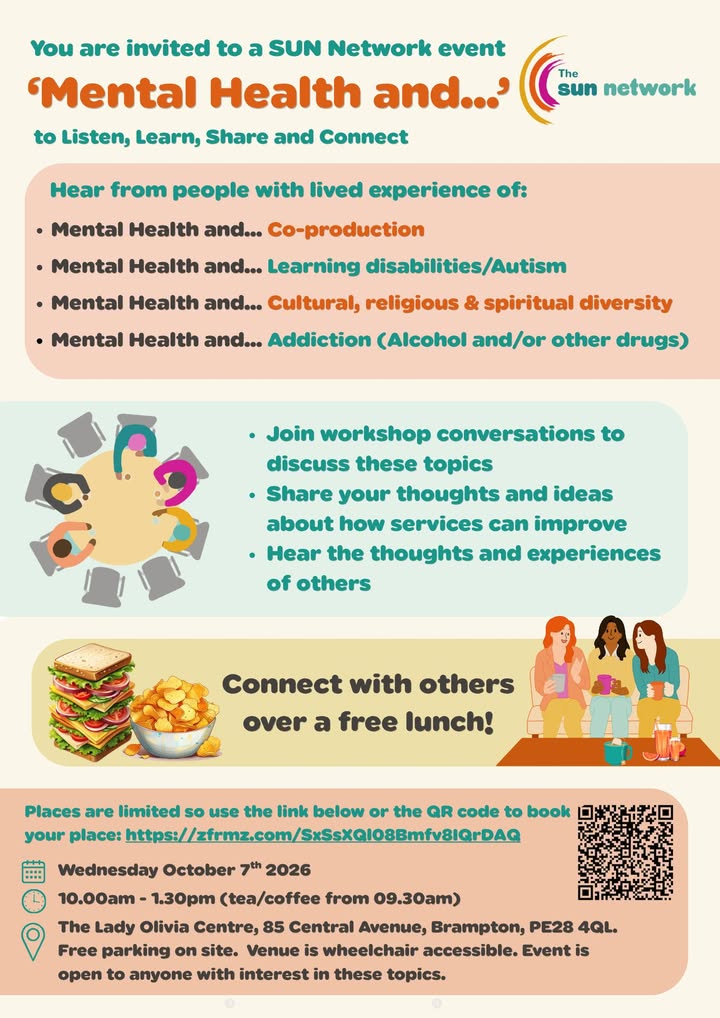 SUNnetworkCambs's tweet photo. Listen, learn, share and connect at our free 'Mental Health and…' event.

Hear lived experiences, join workshop conversations and meet/network with others over lunch.

Wednesday 7 October, Brampton.

Places are limited, please book here: https://t.co/0ZPytm8451 https://t.co/YUw1GZlZy0