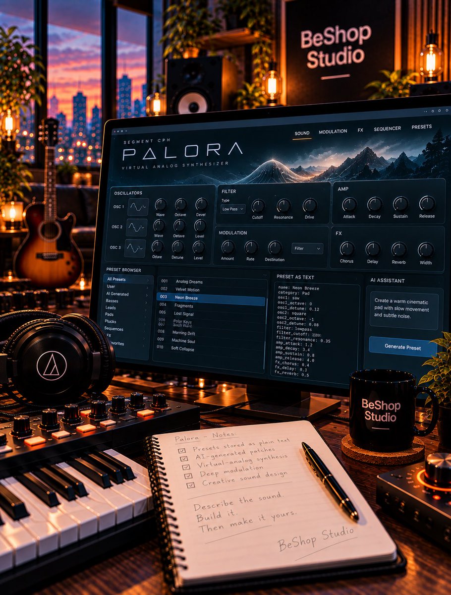 beshopstudio's tweet photo. Presets meet AI

Segment CPH has released Palora, a virtual-analog synth whose presets are stored as plain text — meaning an AI assistant can help create entirely new patches. 

Describe the sound. Build it. Then make it yours. 🎹

#beshopstudio #palora #synthesizer #aimusic https://t.co/duuTM7kdkQ