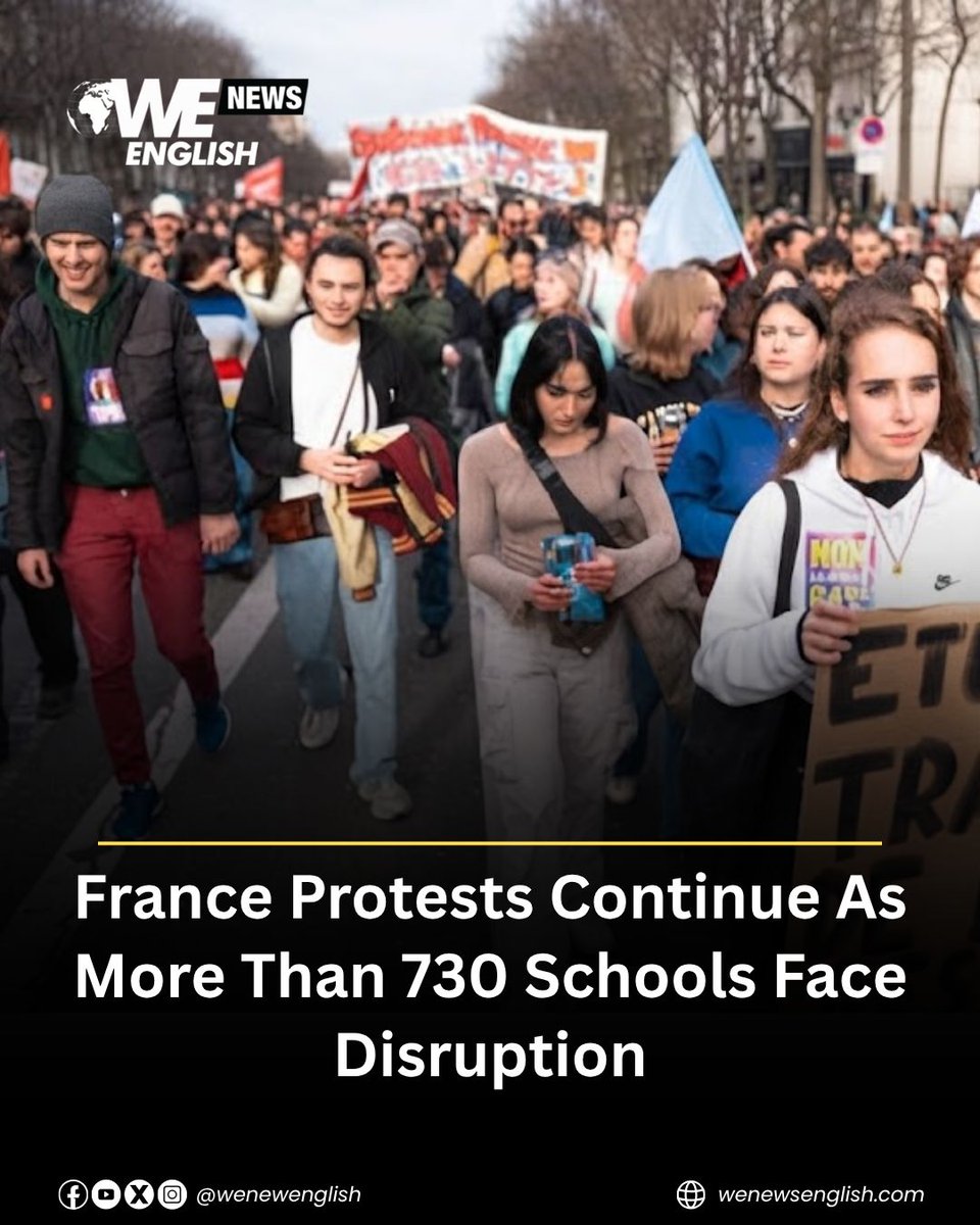 WENewsEnglish's tweet photo. Student protests have continued across France, with 735 schools affected as demonstrators demand better school conditions, shorter school hours and action on staff shortages.

Authorities said 1,747 people were arrested on Friday, while more than 300 police officers and gendarmes have been injured since the protests began. At least 65 school staff members and about 170 students have also been injured.

Visit our website to read the full story.

#France #FranceProtests #StudentProtests #WENews
