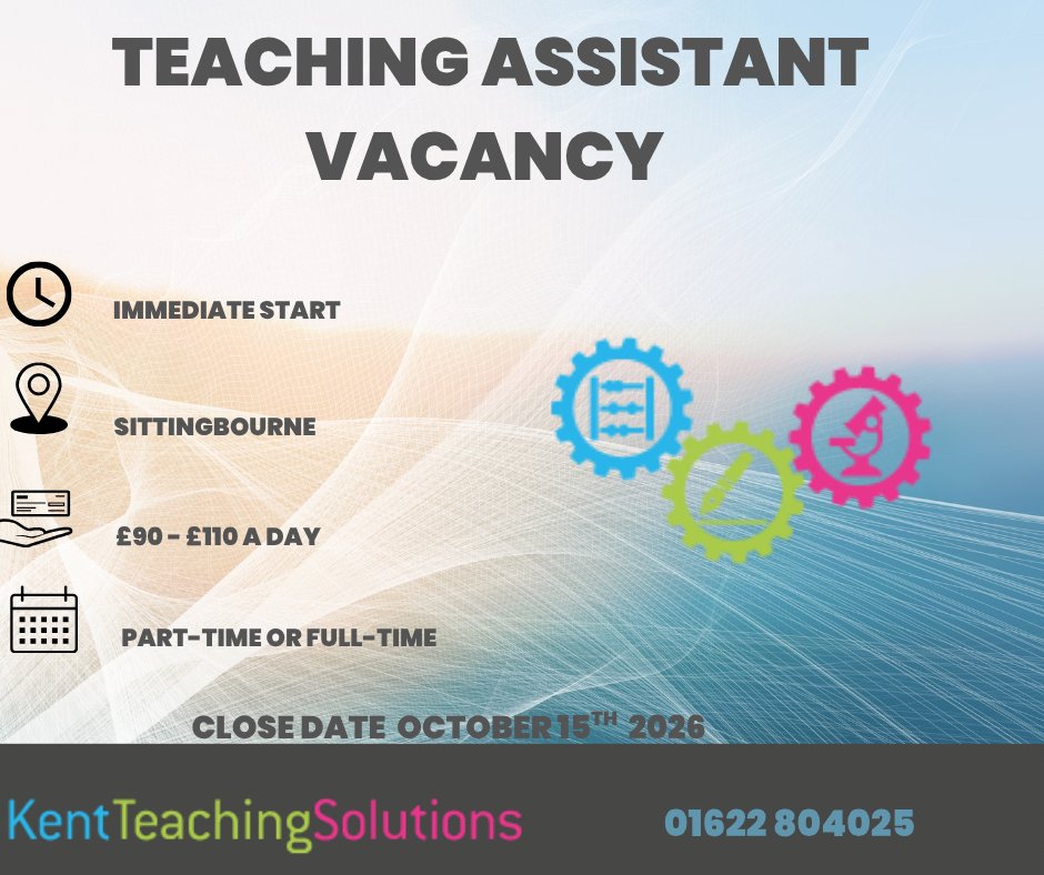 KentteachingKTS's tweet photo. We have ongoing work across 2 primary schools in Sittingbourne. If you are looking for full or part time TA work in this area, please do click the link and apply immediately , as we have work to start straight away.

https://t.co/CuweMkhfcC https://t.co/dIPWJQcnxw