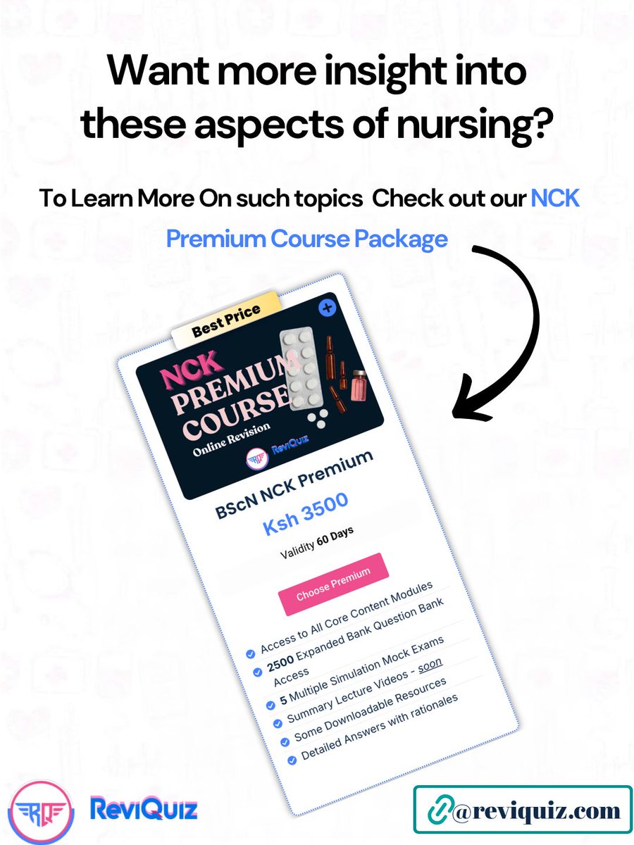 ReviQuiz's tweet photo. Today's free revision question from ReviQuiz

Get our revision materials to help you prepare for NCK

Exams from the link: https://t.co/aZKyIRqRfa

Comment your answer down below

#ReviQuiz #NCKrevisionquestions #KMTC #BScNKenya #
NCK https://t.co/0i47M1kKUN