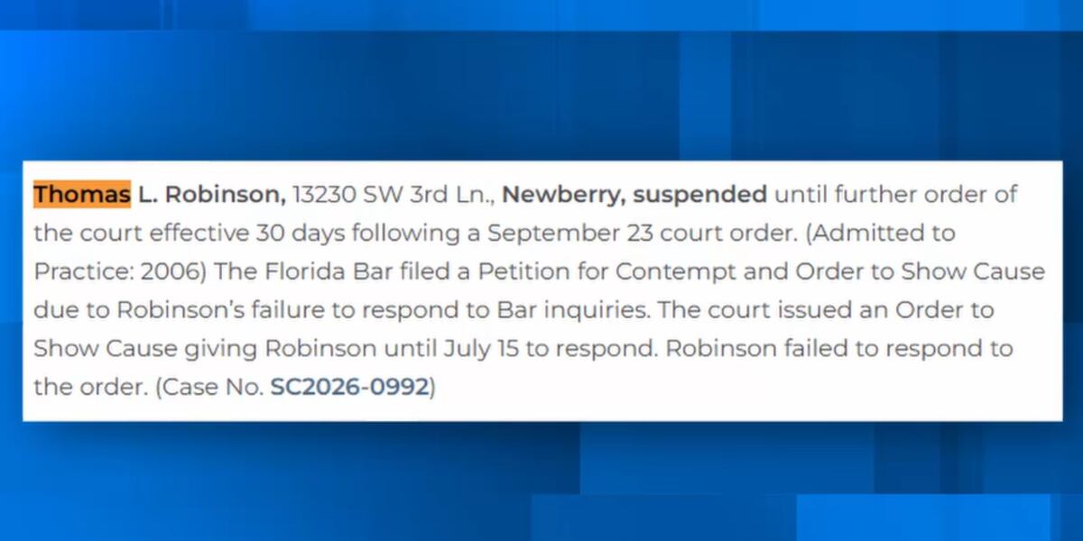 WCJB20's tweet photo. An attorney from Newberry is suspended until further order of the court, according to the Florida Bar. https://t.co/oyGOkHZRfS