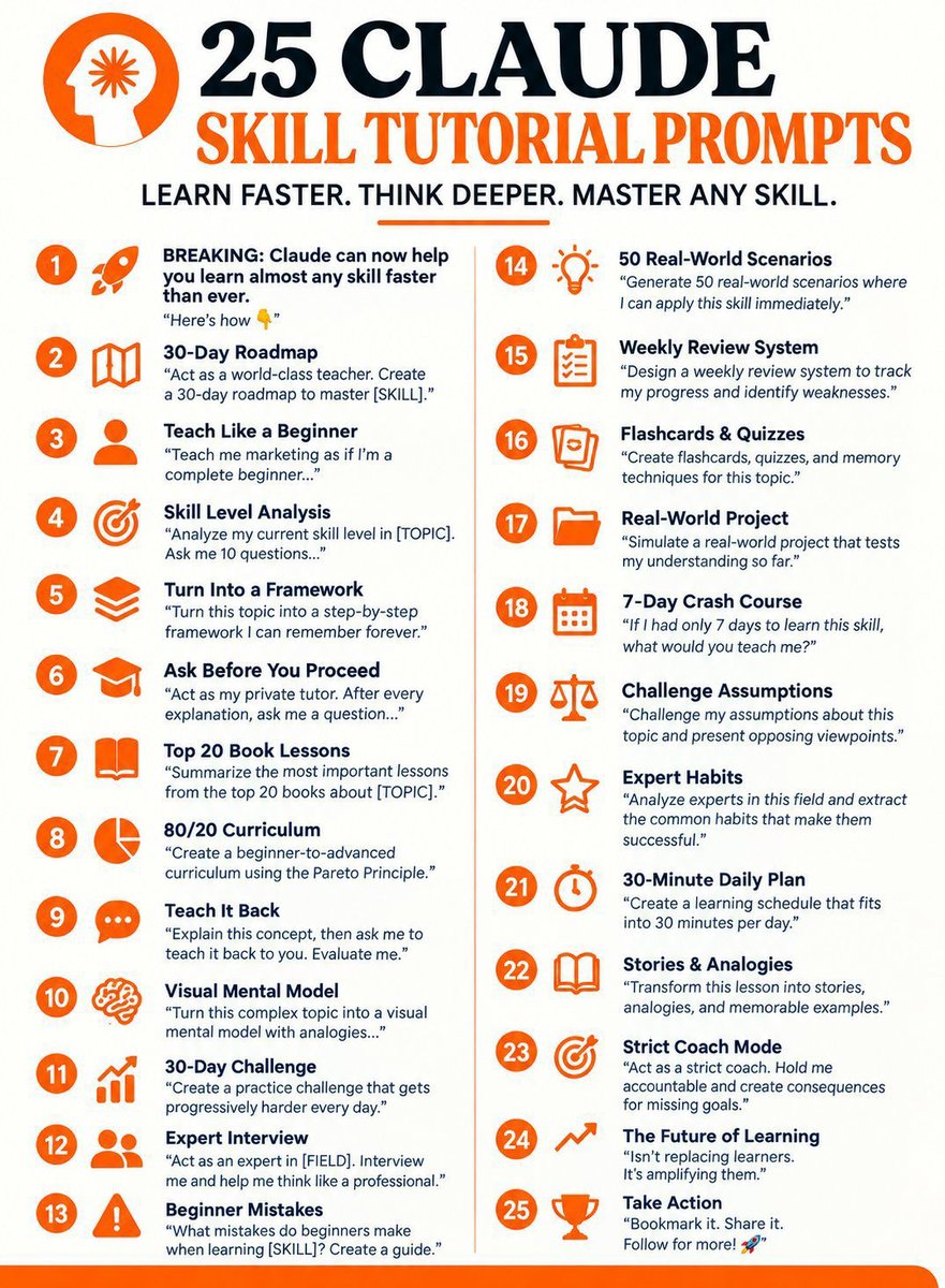 jonson_coder's tweet photo. 🚨 25 CLAUDE PROMPTS TO MASTER ANY SKILL FASTER

Stop learning the hard way. Use Claude to:

⚡ Learn faster
🧠 Think deeper
🎯 Practice smarter
📈 Track your progress
🏆 Turn knowledge into real skills

25 prompts. One powerful learning system.

📌 Save this post — your future self will thank you. 🚀