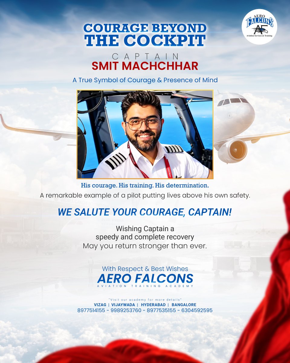 AeroFalcons's tweet photo. ✈️🇮🇳 Salute to Captain Smit Machchhar — wishing you a speedy and complete recovery. 🙏❤️
#CaptainSmitMachchhar #SmitMachchhar #CourageBeyondTheCockpit #SaluteToOurPilot #PilotCourage #AviationHeroes #IndianAviation #IndianPilot #RealHero #PilotLife #AviationTraining https://t.co/V3Gvz7hbsj
