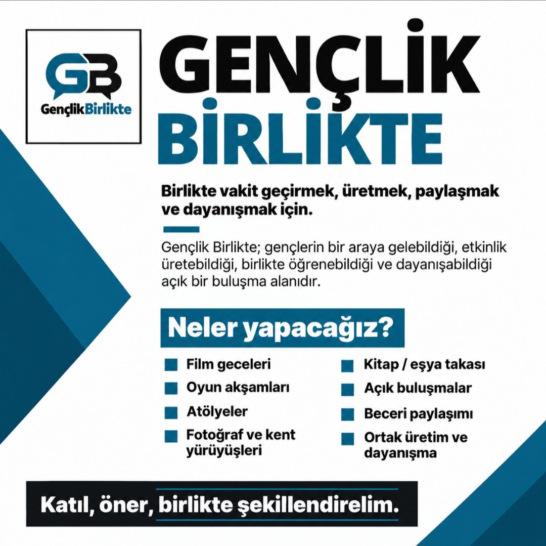 DayanismaAglari's tweet photo. Gençliğin dayanışması başlıyor: Gençlik Birlikte.

Film gecelerinden atölyelere, oyun akşamlarından kent yürüyüşlerine; birlikte vakit geçirmek, üretmek ve dayanışmak için açık bir gençlik alanı kuruyoruz.

Katıl, öner, birlikte şekillendirelim.

🔗https://t.co/3AbOXY8ZOf https://t.co/q5Ut6zExJe