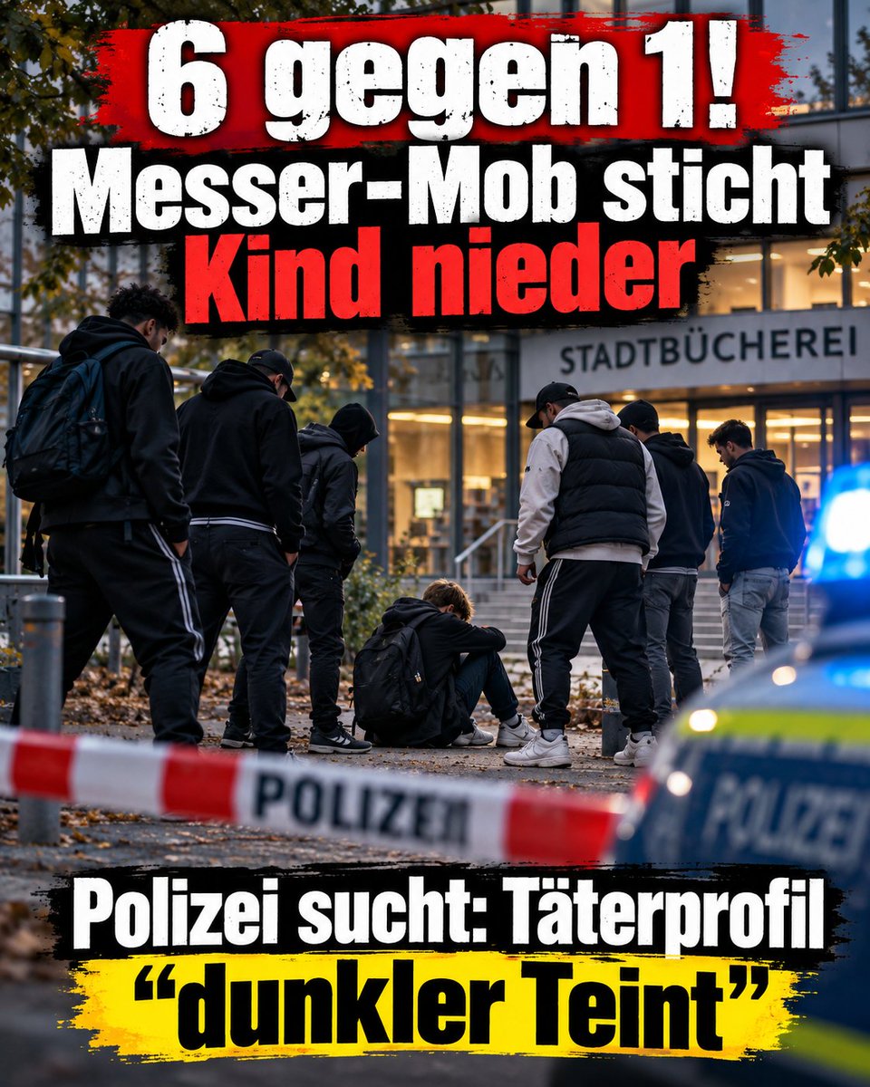 Bernd_Kaiser_BD's tweet photo. Bad Segeberg, Mittwoch, 14:50 Uhr. Ein Ort der Bildung: hinter der Stadtbücherei. Was lernt ein 14-Jähriger dort heutzutage? 
Dass man im besten Deutschland aller Zeiten am helllichten Tag besser mit Stichschutzweste aus dem Haus geht.

Ein Teenager trifft auf eine sechsköpfige Gruppe. Das Ergebnis dieses „Streits“? 
Mehrere Schnitt- und Stichverletzungen im Rücken des Jungen. 
Sechs gegen einen 14-Jährigen – welch beispielloser Mut.

Die Polizei sucht nun diese flüchtigen „Helden“. 
Die Täterbeschreibung liest sich wie das alltägliche Bullshit-Bingo unserer Kriminalstatistik: 
Ein 17-Jähriger mit „dunklem Hautteint“ und dunklen Locken, flankiert von einem blassen 22-Jährigen und vier weiteren jungen Männern. 
Ein völlig normales Straßenbild in der beschaulichen Provinz des Jahres 2026.

Während sich die Politik in Berlin wahrscheinlich schon überlegt, wie man diesen Vorfall als mangelnde Integrationsoffenheit der Gesellschaft framen oder den „Kampf gegen Rechts“ mit weiteren Steuermillionen intensivieren kann, blutet ein Kind auf der Straße. 
Messergewalt ist längst unser „New Normal“ geworden. Wer das anspricht, gilt als Hetzer. Wer wegschaut, regiert das Land.

Gute Besserung dem Jungen, der diese Bereicherung unseres Alltags am eigenen Leib spüren durfte. 
Und an unser Land: Wach endlich auf.

#Messergewalt #BadSegeberg