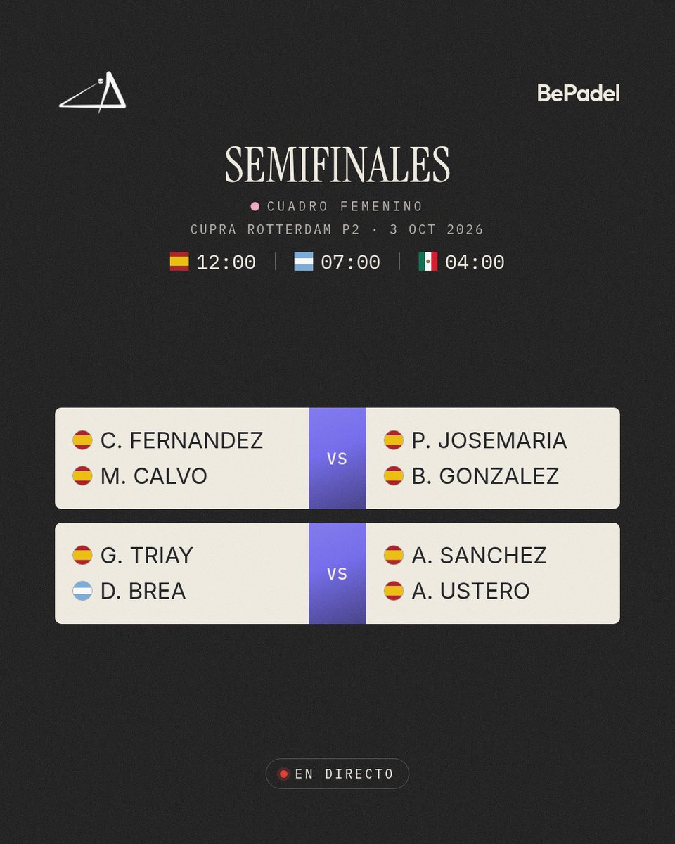 BePadelApp's tweet photo. Tapia y Coello abren la jornada

CUPRA ROTTERDAM P2
📅 Semifinales · 4 partidos

Todo el torneo en directo en BePadel

#CupraRotterdamP2 #RotterdamP2 #PremierPadel #BePadel https://t.co/i6delL4Fs1