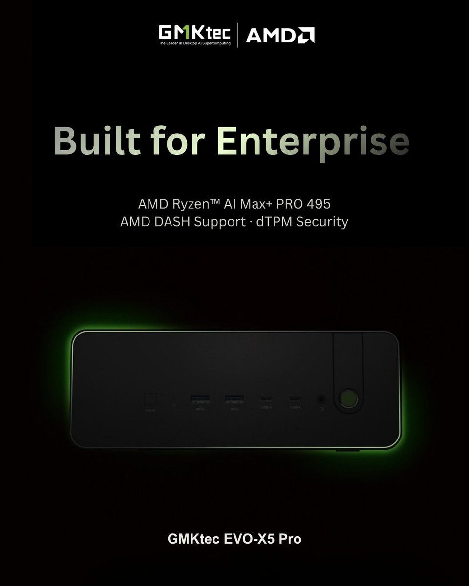GMKtec_Europe's tweet photo. 🚀 Think Big. Run Locally. — GMKtec EVO-X5 Pro

Run LLMs with up to 320B parameters fully offline, backed by 192GB of memory.

⚡ Ryzen™ AI Max+ PRO 495 | AMD DASH remote management | Dedicated TPM security

#GMKtec #EVOX5Pro #LocalAI #EnterpriseAI #AIWorkstation https://t.co/rmFhLKbFjG