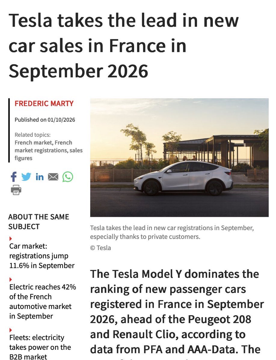 Rocketman_hs's tweet photo. September milestones:

Model 3 = #1 registered vehicle in Spain – a first-ever for an EV leading Spanish registrations

Model Y = #1 in France. https://t.co/TGMxZwEjyG