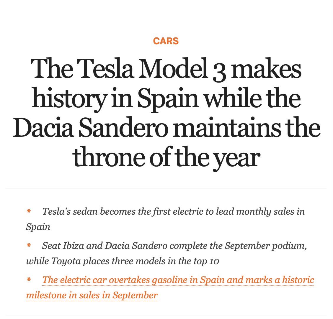 Rocketman_hs's tweet photo. September milestones:

Model 3 = #1 registered vehicle in Spain – a first-ever for an EV leading Spanish registrations

Model Y = #1 in France. https://t.co/TGMxZwEjyG