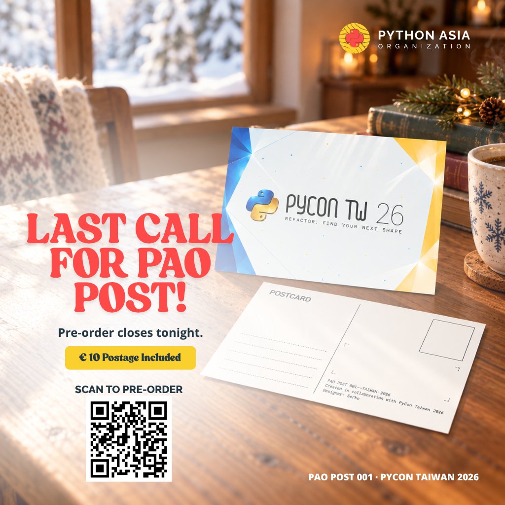 PythonAsiaOrg's tweet photo. Today is the last day to pre-order PAO Post. 💌📮

Get a handwritten postcard from #pycontaiwan2026, mailed from Taiwan straight to you.

€10, postage included. Pre-orders close tonight at 12 midnight.

https://t.co/w0NviJxQkr

#paopost https://t.co/oJcb8c0KYL