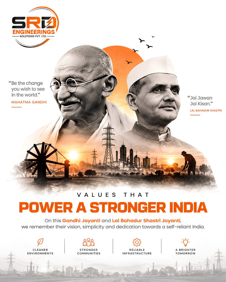 srdengineerings's tweet photo. A day after Gandhi Jayanti &amp; Lal Bahadur Shastri Jayanti, we remember values of simplicity, self-reliance, discipline &amp; service that continue to inspire India. 🇮🇳

At SRD Engineerings, we carry this spirit into engineering &amp; power infrastructure.

#GandhiJayanti #SRDEngineerings https://t.co/5bK51XvvJl