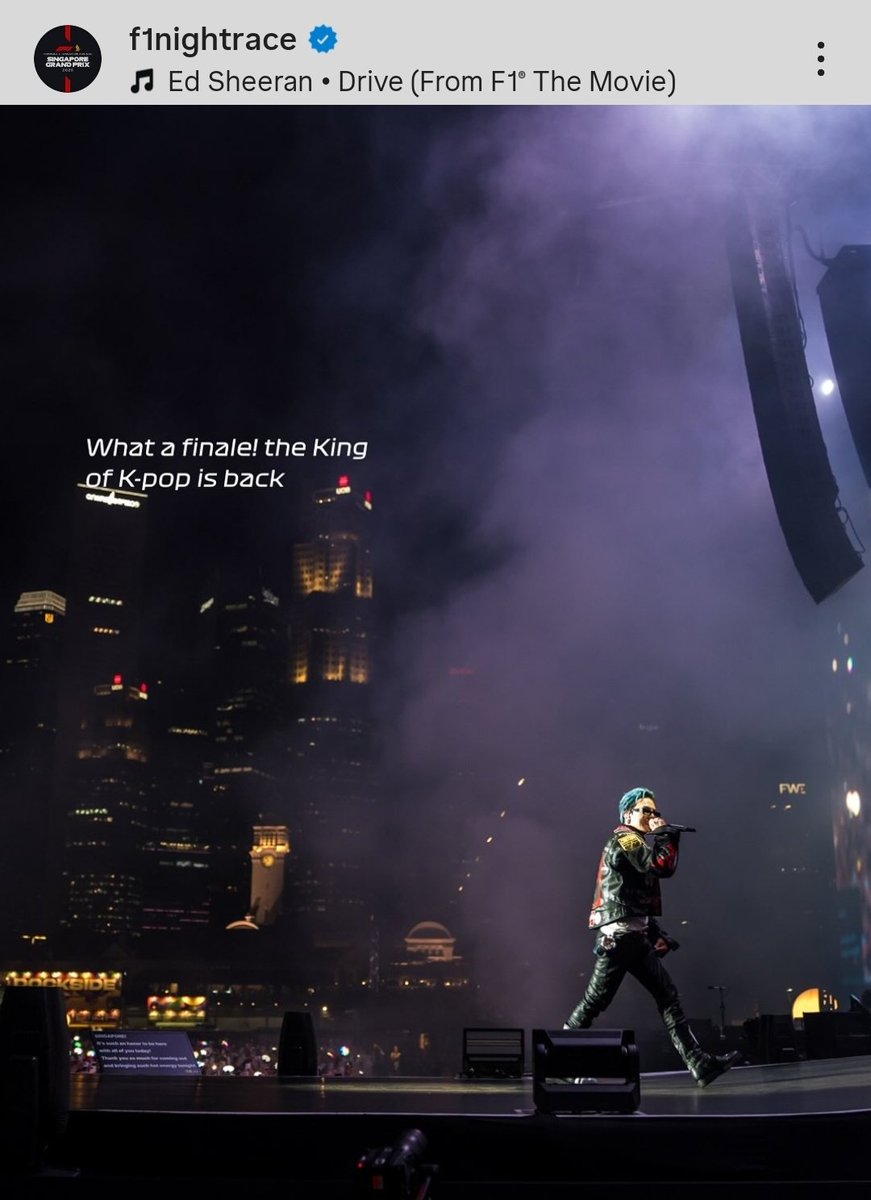 gdragon_media's tweet photo. 1 year ago today, G-Dragon made history as the first Korean act to headline the Formula 1 Singapore Grand Prix (the F1 night race), drawing 65,000 fans to the Padang Stage at the Marina Bay Street Circuit- the largest crowd ever for an F1 entertainment event.

#GDRAGON #지드래곤 https://t.co/n0LoSZuZmU