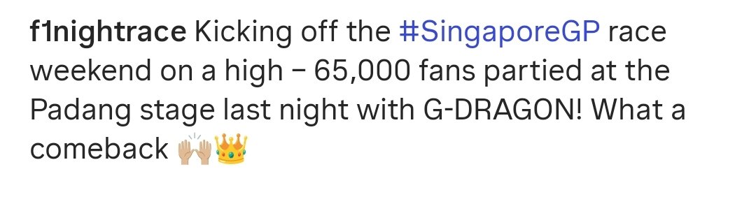 gdragon_media's tweet photo. 1 year ago today, G-Dragon made history as the first Korean act to headline the Formula 1 Singapore Grand Prix (the F1 night race), drawing 65,000 fans to the Padang Stage at the Marina Bay Street Circuit- the largest crowd ever for an F1 entertainment event.

#GDRAGON #지드래곤 https://t.co/n0LoSZuZmU
