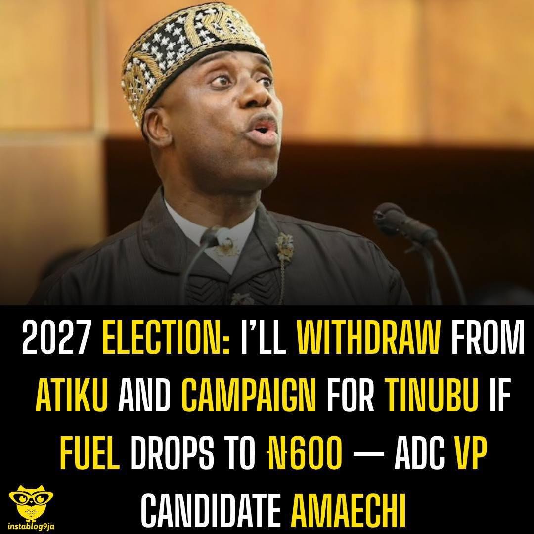 instablog9ja's tweet photo. 2027 Election: I’ll Withdraw From Atiku And Campaign For Tinubu If Fuel Drops To ₦600 — ADC VP Candidate Amaechi 

African Democratic Congress (ADC) Vice Presidential candidate, Chibuike Rotimi Amaechi, has challenged President Bola Ahmed Tinubu over the state of the economy, saying he would campaign for the President in 2027 if petrol sells for ₦600 per litre. 

Amaechi made the statement during an interview on Channels Television’s Politics Today on October 2, 2026, while reacting to Tinubu’s Independence Day address and his claim that Nigeria had entered an “age of prosperity.” 

Questioning whether Nigerians were already experiencing the economic improvement described by the President, Amaechi asked whether the prices of essential goods and transportation had actually fallen. 

“Has any price come down, has anything changed?” he asked. 

He then used the price of petrol as a test, saying he was prepared to personally visit a filling station to confirm the price. 

“I will go tomorrow morning to the petrol station to buy fuel, I will go myself, if fuel has come down to 600, I will campaign for President Tinubu,” Amaechi said. 

He further challenged sceptics to accompany him with a camera, adding that he would withdraw from the ticket of former Vice President Atiku Abubakar and support Tinubu if petrol had fallen to ₦600. 

“If you doubt me, come with your camera to my house, and I will go to the filling station and buy fuel, and I, Chibuike Rotimi Amaechi will withdraw as a vice presidential candidate of Atiku and campaign for President Tinubu, if it has come down,” he said.