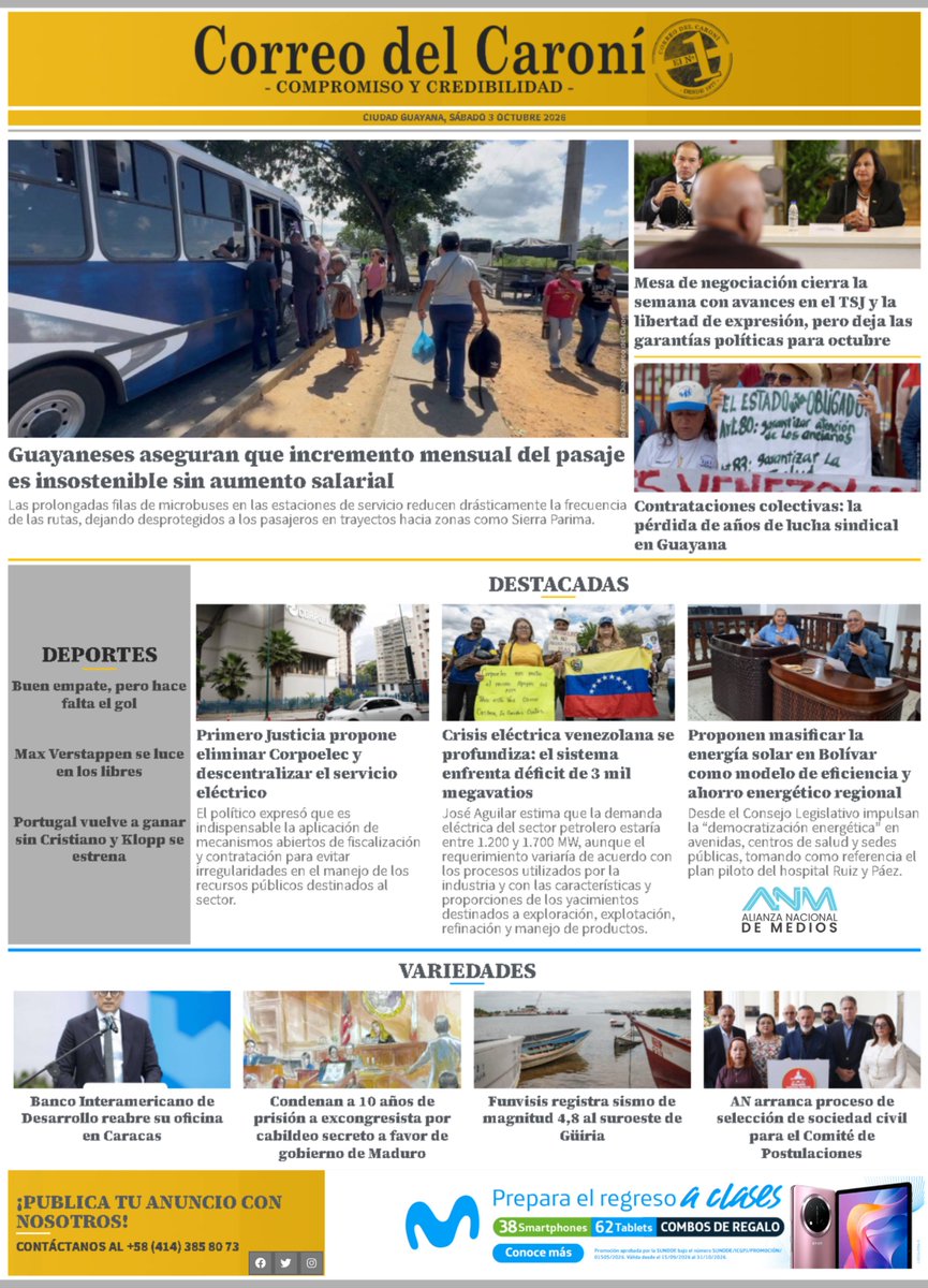 CorreodelCaroni's tweet photo. ¡#BuenosDías ⛅, Venezuela! Compartimos la portada 📰 con los titulares de este #3Oct2026 ✨

📲 Noticias https://t.co/p0fGxSqAWn. Únete y recibe noticias al momento y el resumen informativo del día.

🟩 WhatsApp: https://t.co/ZmyfcZxBzV

🟦 Telegram: https://t.co/U4oVtCX6F6 https://t.co/r1mxBrv4Po