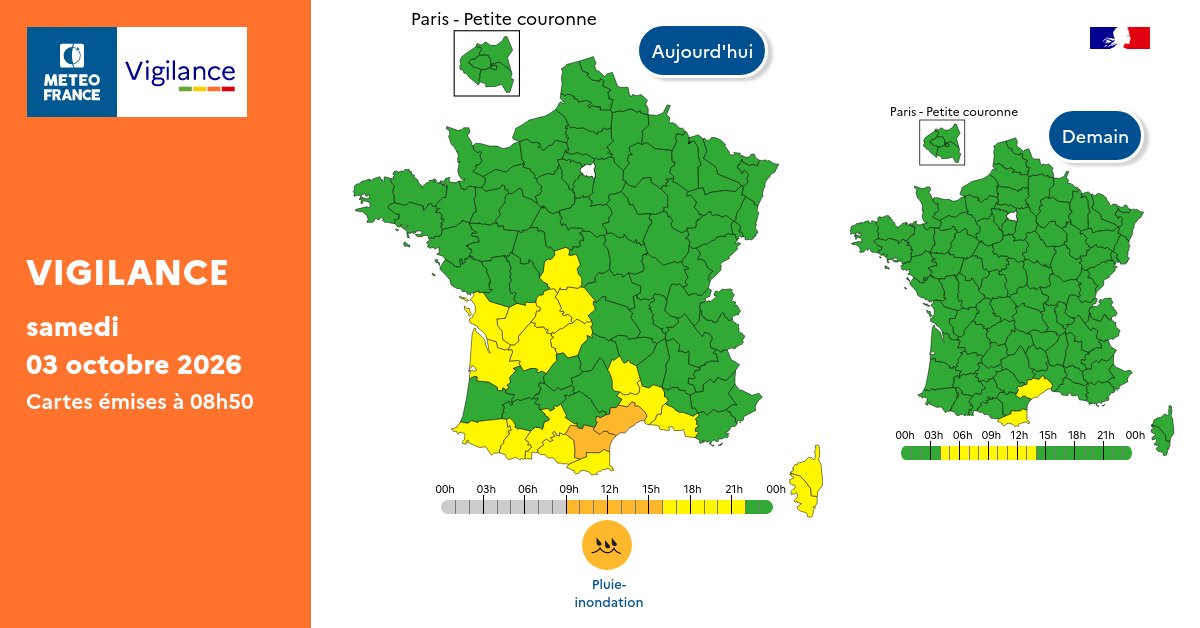 VigiMeteoFrance's tweet photo. Samedi 3 octobre 2026 :  
🟠2 départements en vigilance Orange Pluie-inondation  

Restez informés ▶️https://t.co/CSYEovUfXB https://t.co/Mdt60TEEs3