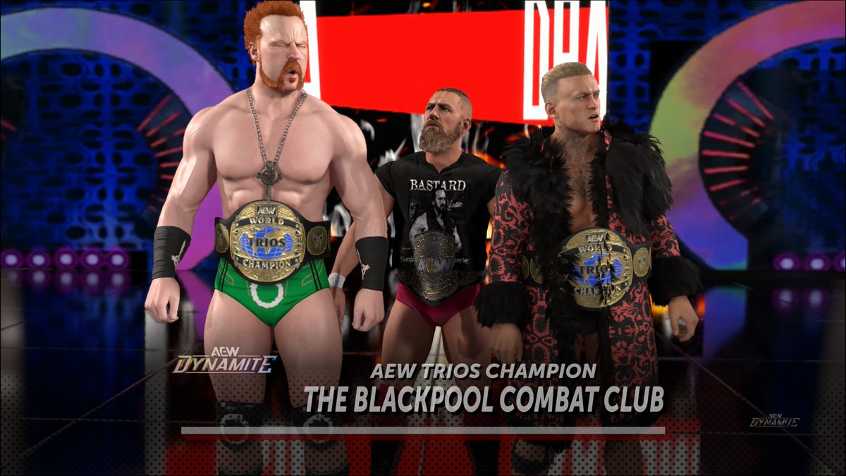 Gambadeboi's tweet photo. A new version on the Blackpool Combat Club is now on AEW2K26 ⚔️

Danielson CAW, arena and belts by @Valoween 
Ijla and Farrelly's gears are from CC

🎮: WWE2K26 on PS5 

#WWE2K #aew https://t.co/ATONEzEWCZ