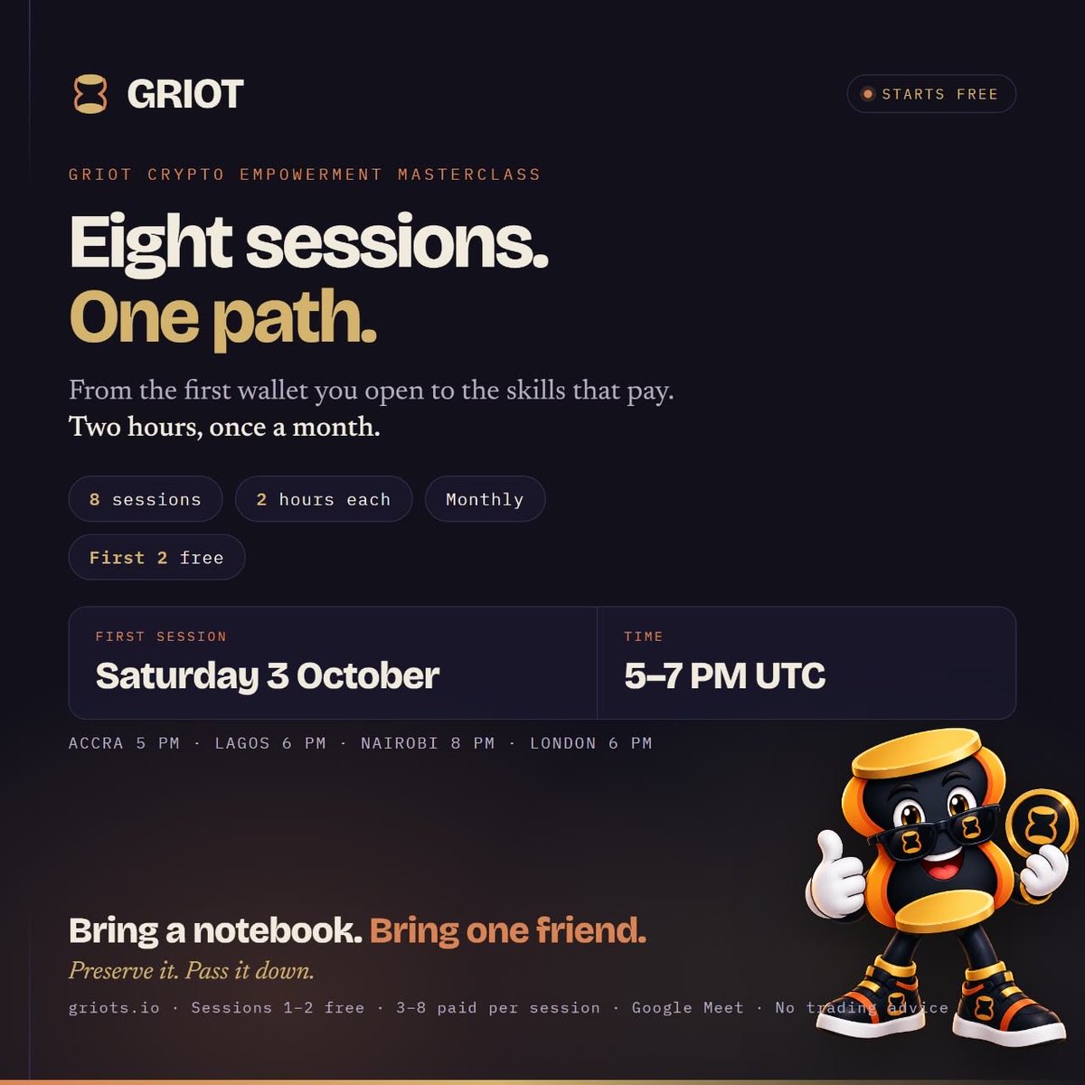 PsammyWeb3Sec's tweet photo. Knowledge is better when it’s shared. 

Today, we start something worth building on.

Come ready to learn, connect, and share the journey with others.

Bring a notebook. Bring a friend.
See you at the GRIOT Masterclass @Griotnative 
 #Web3‌‌ #CryptoCommunity #griot https://t.co/WeevWagAwq