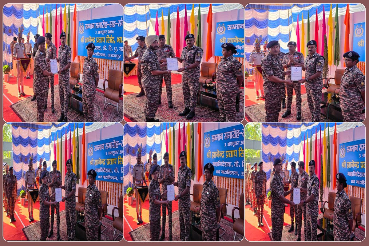 crpfindia's tweet photo. DG #CRPF Shri @gpsinghips, during his visit of 187 Bn at Udhampur, felicitated awardees and commended the troops for their unwavering dedication during #AmarnathYatra Duty 2026 in an Investiture Ceremony cum Samvad session with troops. Emphasizing mental & physical fitness, probity, and professionalism during his address to troops, he later joined the personnel over high tea for an informal interaction. 

#NationFirst
#Vandematram150 
#MissionNaxalMuktBharat2026
@gpsinghips
@crpf_j
@CentralZoneCrpf
@northeast_zone
@southzone_hyd
@jammusector
@187_crpf