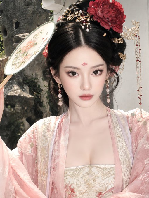 A woman in traditional Chinese attire holding a painted fan, adorned with an elaborate floral headpiece and a red forehead mark.