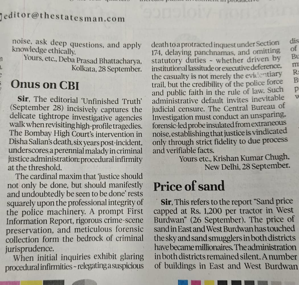 KrishanChug's tweet photo. Sir,
​October 1 was the International Day for Older Persons. For 13 years, this 73-year-old and his 71-year-old wife have suffered in fear—with sufferings completely unabated, despite a "decent closure" portraying the Police as saviors based on a report by a Head Constable who heard me 1 year and 3 months ago, while actual deterioration is on the rise.
​While official meetings promise a fearless Delhi, robust patrolling, and zero tolerance, my published comments  in The Statesman today exposes the deep trust deficit born from such PR claims versus ground reality.The evidence of 13 years is on record. Will someone take care of this senior citizen and the woman whose security is being much talked about, or is lone vs. many a losing game?
​.@LtGovDelhi @CPDelhi @DCPWestDelhi @official_dda @MCD_Delhi