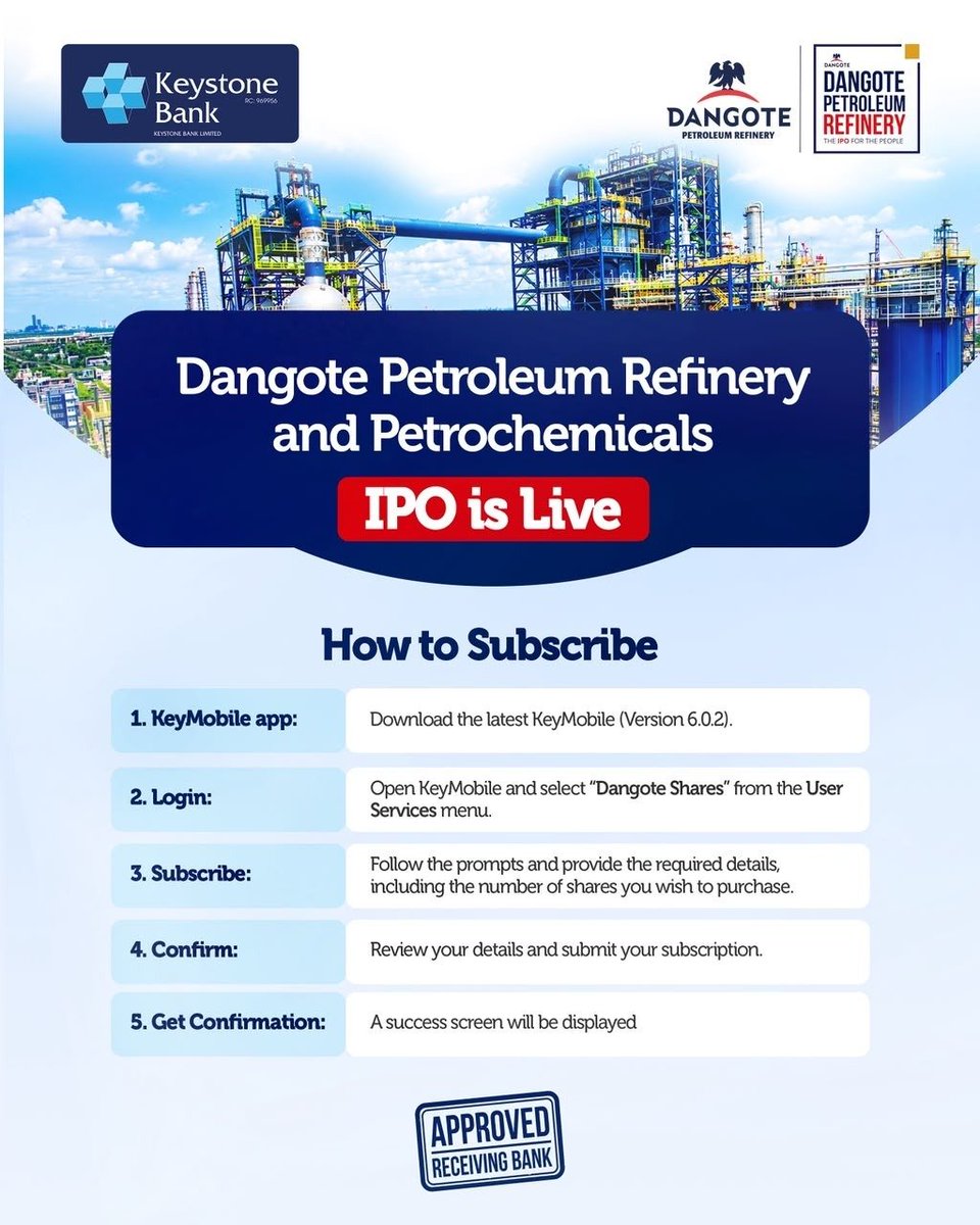 keystonebankng's tweet photo. Looking to invest in one of Nigeria’s landmark industrial developments? 
You can now subscribe to the Dangote Petroleum Refinery and Petrochemicals offering through Keystone Bank’s KeyMobile app. 
Follow the steps to get started.
Terms and conditions apply.

#KeystoneBank #MakeItHappen