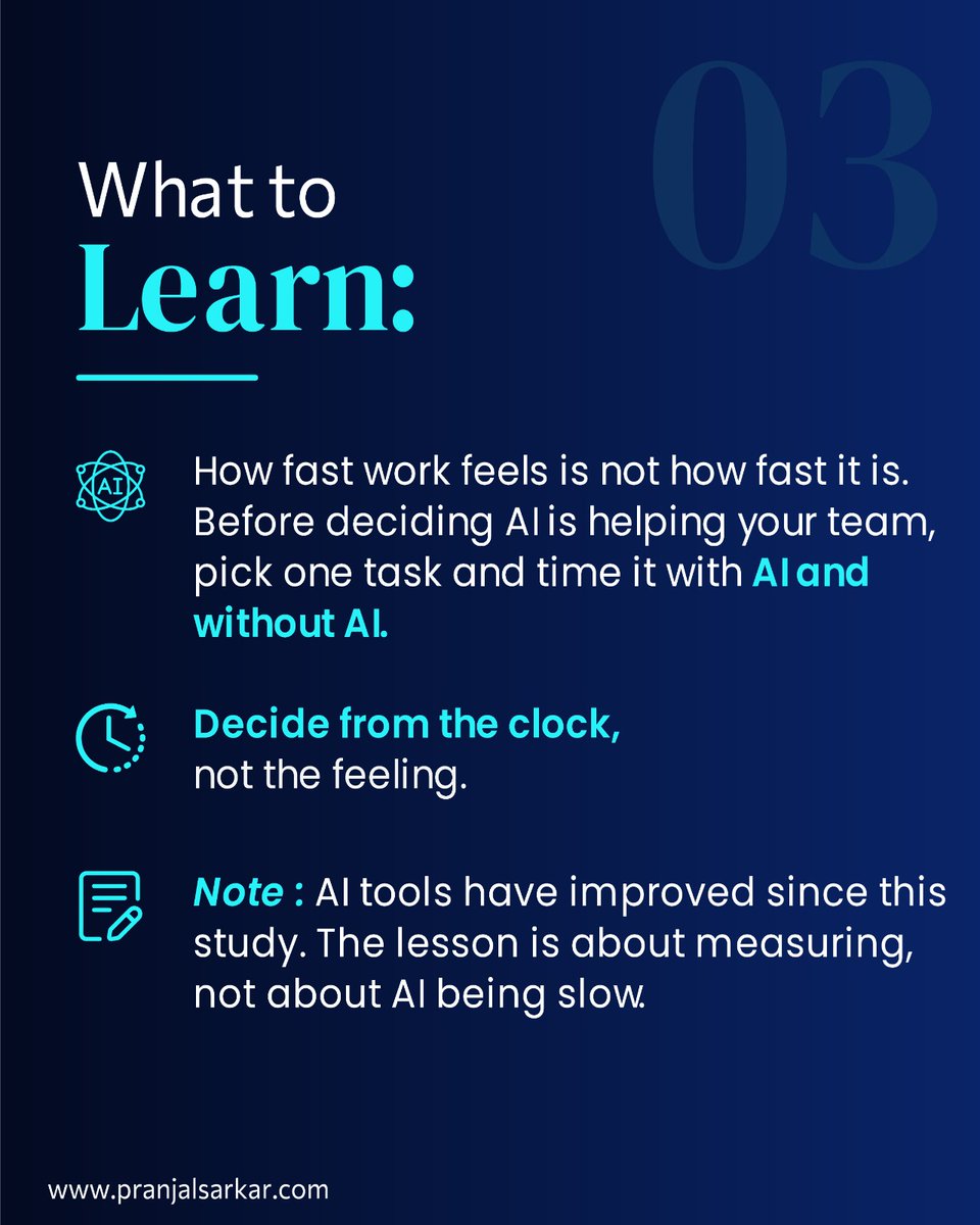 thepsprinciples's tweet photo. AI feels fast.
That doesn’t always mean the work is faster.

One controlled study found experienced developers took 19% longer when using AI - even though they expected to be 24% faster.

That gap between perception and performance is worth paying attention to.

Before adding AI to a workflow, measure the task.
Don’t rely on the feeling.

#AI #AITools #Productivity #Technology #ProductManagement #ProductLeadership