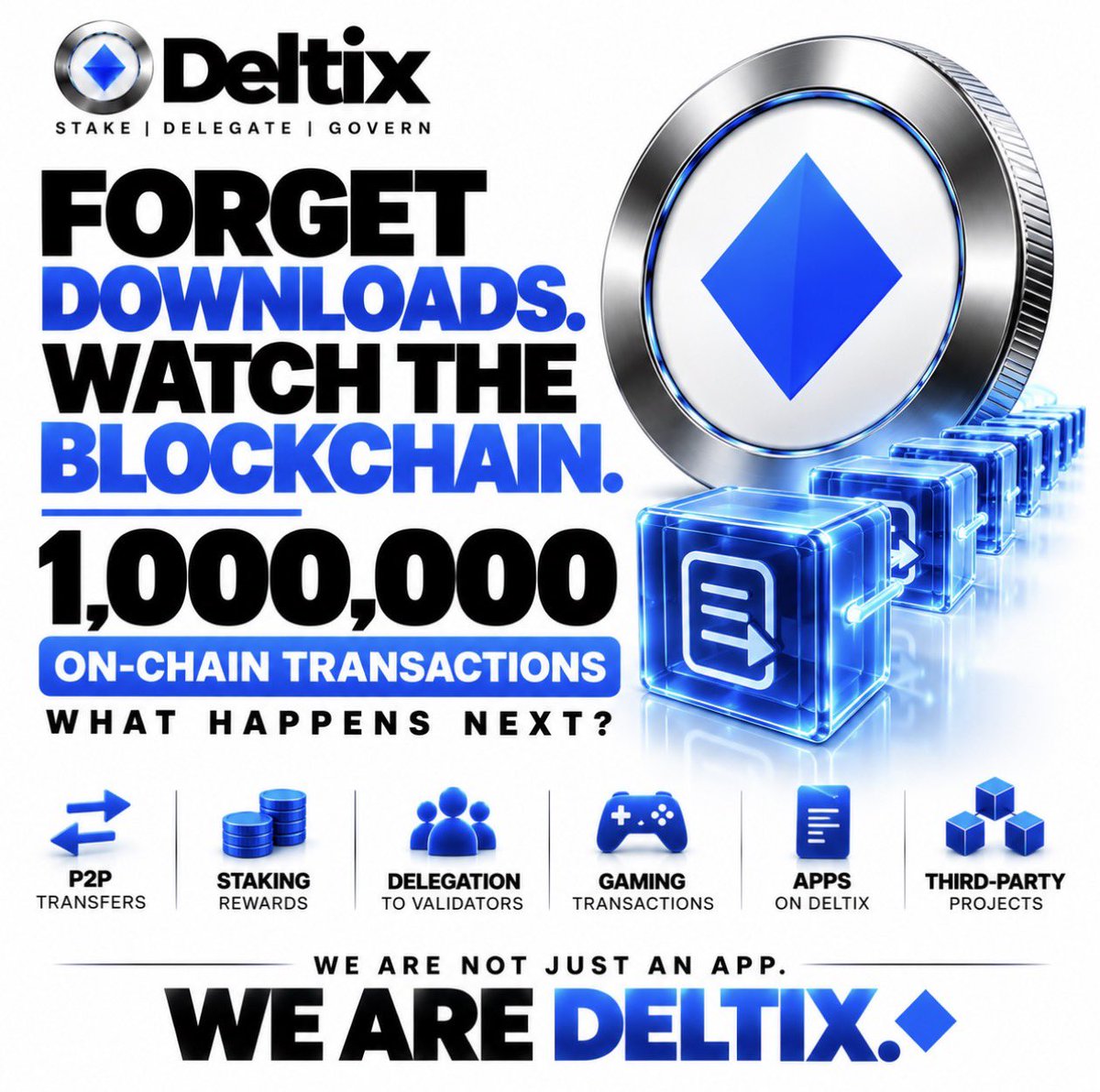 DeltixCoreTeam's tweet photo. 🚨 FORGET DOWNLOADS FOR A MINUTE. WATCH THE BLOCKCHAIN. ◆

Everyone loves talking about:

Users.
Downloads.
Followers.
Community size.
Price.
CEX listings.

But if Deltix is building a Layer-1 blockchain, eventually there is another number that matters:

🔥 ON-CHAIN TRANSACTIONS.

Because downloads tell you people arrived.

Community numbers tell you people are watching.

But transactions can tell you something much more important:

THE NETWORK IS ACTUALLY BEING USED.

Think about what could eventually generate activity on Deltix:

🤝 P2P transfers
💎 Staking
🗳️ Delegation
🎮 Gaming transactions
⚡ Ecosystem rewards
🪙 Native assets
📱 Applications
👨‍💻 Third-party projects

Every action can become part of a much bigger blockchain economy.

Now imagine the milestone:

1,000,000 ON-CHAIN TRANSACTIONS.

Then:

10,000,000.

Then:

100,000,000.

At that point, stop looking at Deltix like an app.

Look underneath it.

TRANSACTIONS ARE CREATED
↓
VALIDATORS PROCESS BLOCKS
↓
DPoS CONSENSUS SECURES THE NETWORK
↓
TRANSACTIONS REACH FINALITY
↓
MORE ACTIVITY ENTERS THE CHAIN
↓
THE NETWORK GROWS

🔥 THAT IS WHERE THE TECHNICAL STORY GETS INTERESTING.

Because the long-term goal of a Layer 1 isn't simply getting people to download something.

It's giving people, applications and eventually other projects a blockchain they actually USE.

Imagine one day opening the Deltix explorer and seeing:

1M transactions.

10M transactions.

100M transactions.

Not marketing numbers.

ON-CHAIN HISTORY.

And if that day comes, the conversation changes completely.

People won't only ask:

“HOW MANY PEOPLE JOINED DELTIX?”

They'll ask:

🔥 “HOW MUCH ACTIVITY IS DELTIX ACTUALLY PROCESSING?”

THAT'S THE NUMBER TO WATCH.

WE ARE NOT JUST AN APP.

WE ARE DELTIX. ◆

*Transaction milestones above are future scenarios, not claims that Deltix has already processed those amounts.*

#Deltix #DLTX #Layer1 #DPoS #Blockchain #Web3 #wDltx
