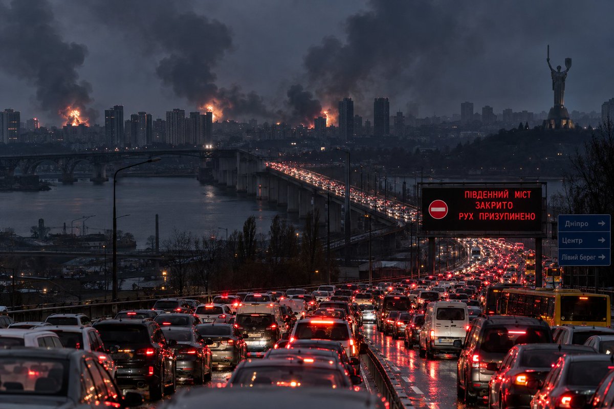 GhostOfIvan's tweet photo. Kiev is paralyzed after strikes, bridges are closed, no power at all. Was it worth it to start a war against Russia, dear Ukrainians? I guess no. https://t.co/832olWIN1S