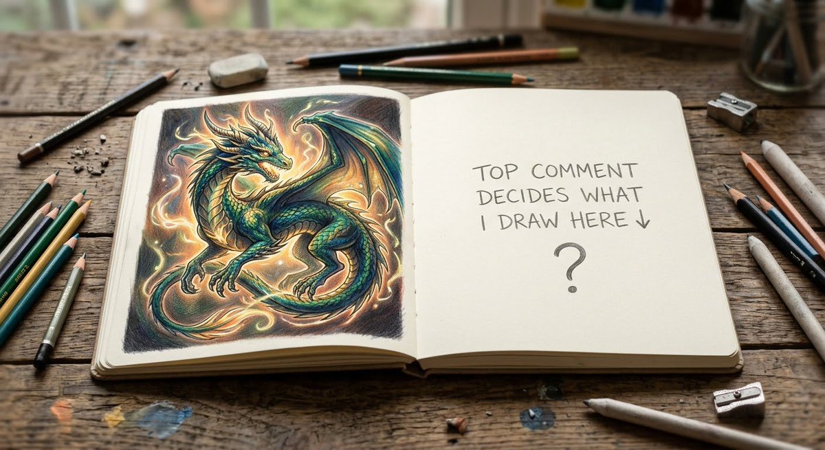 DRACHUCK_Y's tweet photo. Day 4: I'm letting X control my sketchbook for the next 24 hours.
The rules are simple:
1 Drop your wildly creative (or completely absurd) drawing idea in the comments.
2
Like this post so we get more voters.
Follow me to see the final drawing
tomorrow on Day 5!
› The comment with the most likes in 24 hours gets drawn on the empty page.
Do your worst. What goes on the right page?⬇️