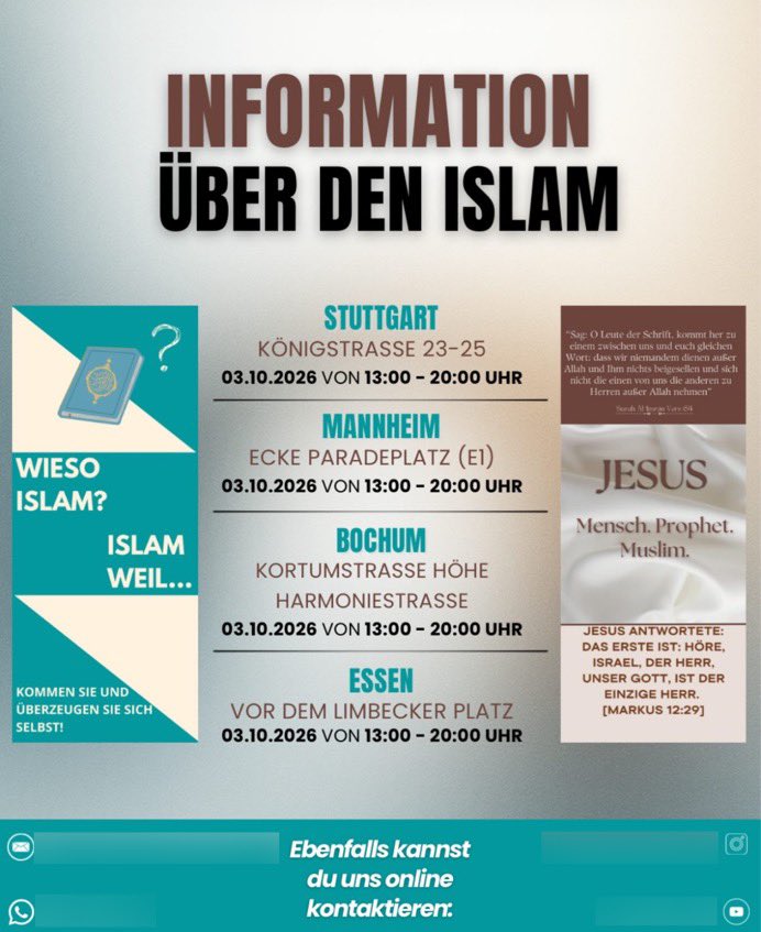 luk_bre's tweet photo. Die #Salafisten-Gruppe „Yaqin“ (gehört zu #NuralIlm) kündigt für heute mehrere Infostände in den Fußgängerzonen von #Essen, #Bochum, #Stuttgart und #Mannheim an. Ob die Initiatoren bedacht haben, dass Feiertag ist und die Innenstädte dementsprechend leer bleiben? #Islamismus https://t.co/DVb7nDxO3A