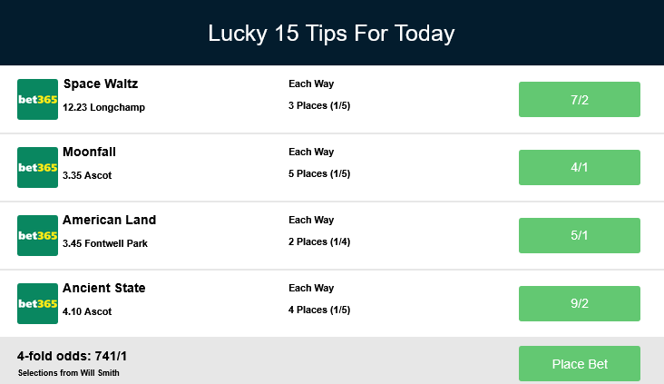 whichbookieuk's tweet photo. Leading racing analyst Will Smith (@WillSmith_2) has a 1⭐️E/W Lucky 15 for Saturday.

See below for details &amp; click the link for more tips &amp; offers ⬇️⬇️

https://t.co/v47Vz4qXne

18+ Gamble Aware https://t.co/MPvae7xikB