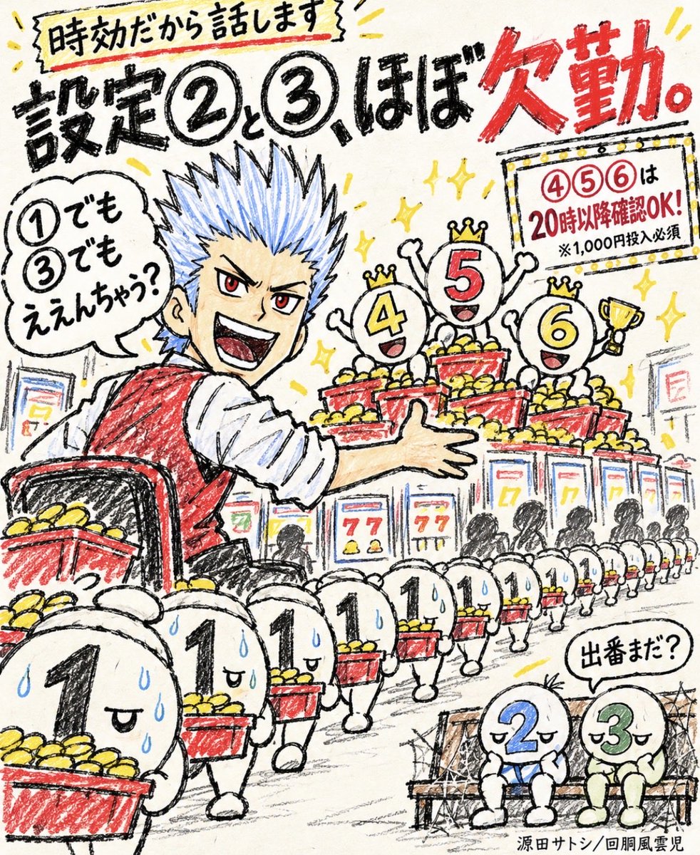 genda_satoshi's tweet photo. 【時効だから話しますシリーズ④】

実は当時のうちのお店…
設定④⑤⑥以外は、ほぼ①でした。笑 ㊙️

高設定はしっかり使う。
その代わり、残りはほぼ最低設定。
「メリハリ営業」と言えば聞こえはいいですが、要するに…

「夢のある台と、店の家賃を払う台」

役割分担が、やたらハッキリしていたのであります。笑

この設定の入れ方は、新宿の「悟空」さんにインスパイアされたもの。

ただ、高設定の比率だけなら、うちの方が上やったんちゃうかな？
…当時の店主の自負ですが。笑

実際、イベントでは④⑤⑥を18台、24台。全台系もそれなりの頻度でやっていました。

しかも、

【設定④⑤⑥は20時以降、確認OK！】
※確認時の1,000円投入はマスト。

夜になれば答え合わせ。
「高設定のようなもの」で乗り切れる営業ではありません。笑

だから、高設定はちゃんと使う。
そのぶん、それ以外はほぼ①。

設定表というより、山と谷。
なだらかな丘は、ほぼありませんでした。

もちろん、②や③の存在を忘れていたわけではありません。

ただ、当時の私の脳内会議はこんな感じ。

良心「ここ、③にしては？」

経営「そのぶん⑥を減らすんか？」

源田「もう、①でも③でもええんちゃう？」

良心、退席。笑

いや、打つ側からすれば全然よくない。
①と③の違いを、設定する側が勝手に丸めるな。笑

でも当時は、中間設定を広く散らすよりも、

「負けたけど、あの店には確実に⑥がある。また狙いに行こう」
と思ってもらえる店にしたかったんですよね。

「⑥なんか使ってないやろ！」
と言われても、

「あります！ 夜になったら確認できます！」
と胸を張れる。

ただし、そのお客様が座っている台が⑥とは限らない。

店内には希望がある。
目の前にあるとは言っていない。

…書けば書くほど、当時のお客様に怒られそうです。笑

回胴風雲児・源田サトシ。
人生も設定配分も、中間が苦手。

高設定を探す楽しさを提供していたつもりですが、その陰で①を回してくださった皆様。当店の家賃は、皆様に支えられておりました。笑

皆さんなら、
中間設定が多い店と、①も多いけど⑥をしっかり使う店。
当時、どちらを選びましたか？

※当時の実体験をもとに、会話など一部脚色しています。