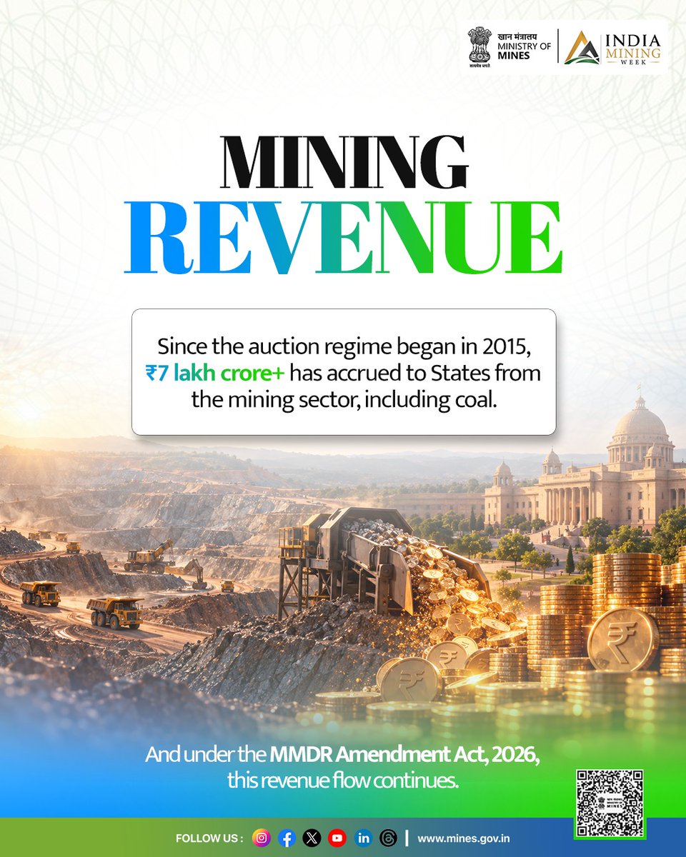 easterncoal's tweet photo. ₹7 LAKH CRORE+ and counting!That's the revenue States have earned since mining auctions started in 2015.
The MMDR Amendment Act, 2026 ensures this growth story continues.
Mining for Development. Mining for States.
#MMDR2026 #ECL #TeamECL https://t.co/DsB5eRNRrf