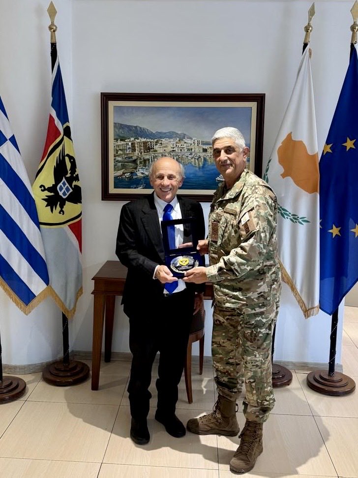 USAmbCy's tweet photo. Productive meetings yesterday with @PalmasVasilis and @NationalGuardCY Chief of Defense LTG Theodorou. Our defense partnership is stronger than ever - from upgrades at Paphos Airbase to deepening cooperation through the New Jersey National Guard State Partnership Program. 🇺🇸🇨🇾 https://t.co/1RpH0NqDjv
